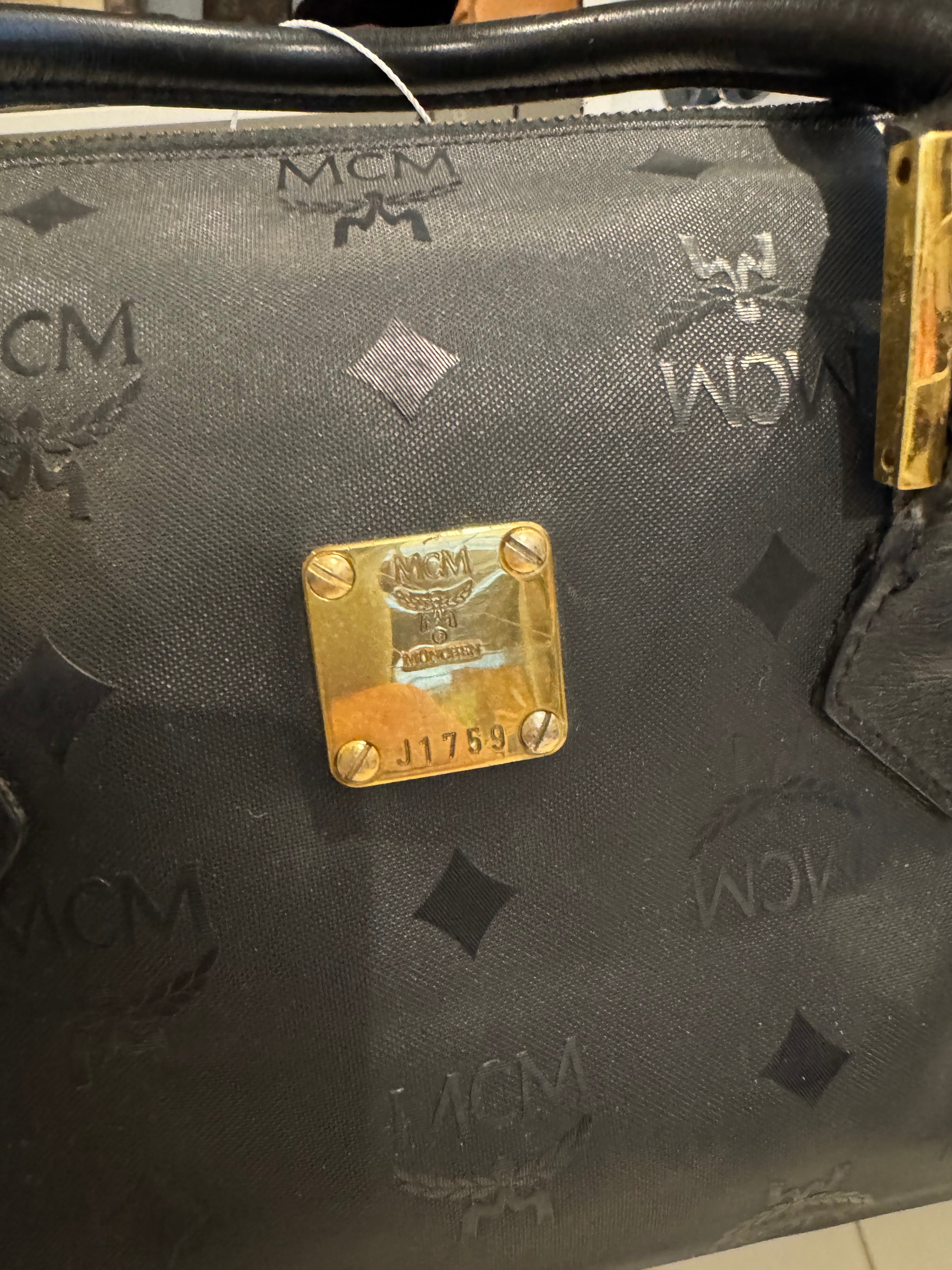 MCM Black Visetos Boston Satchel Bag Leather Trim Gold Hardware