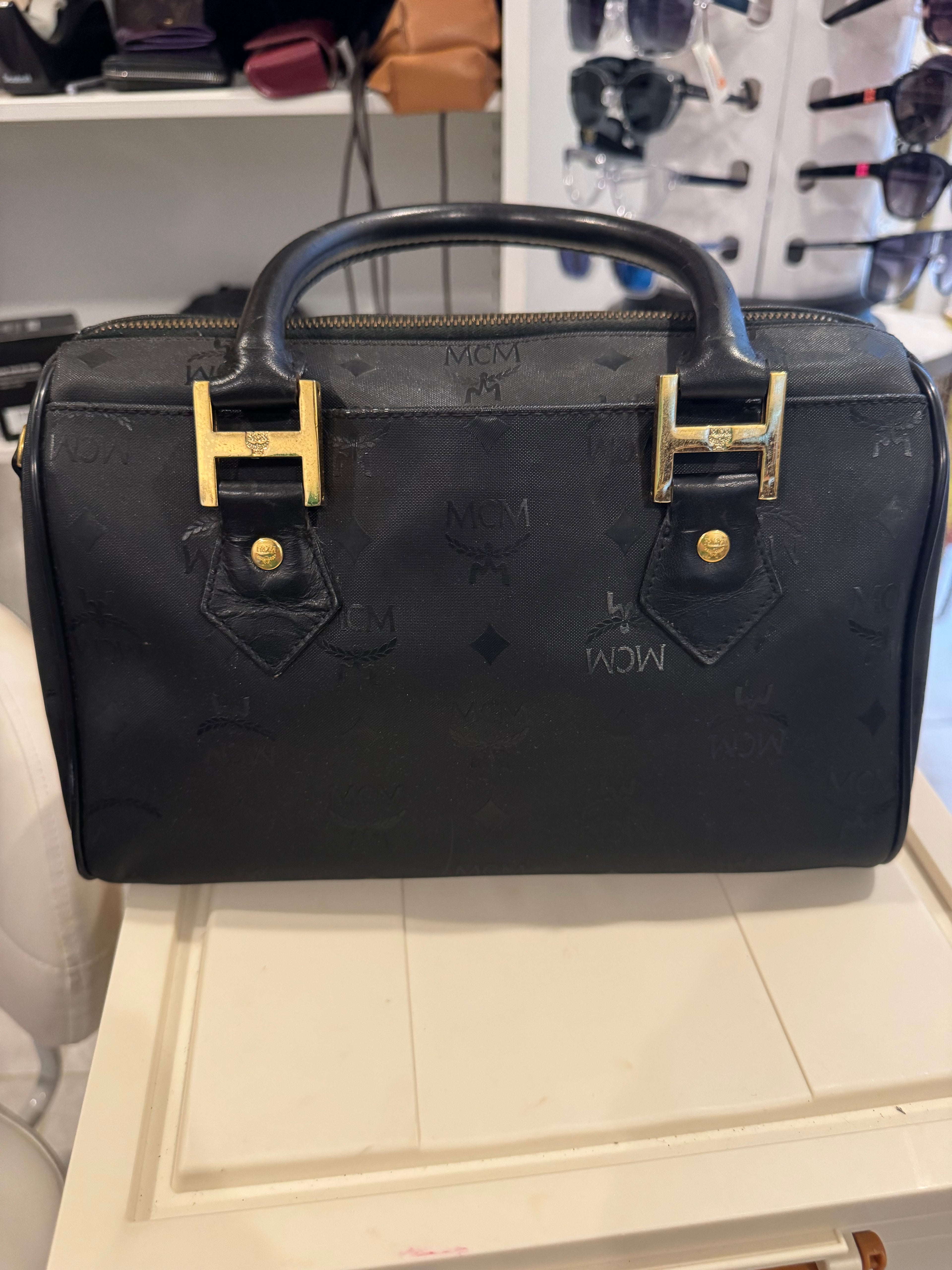 MCM Black Visetos Boston Satchel Bag Leather Trim Gold Hardware