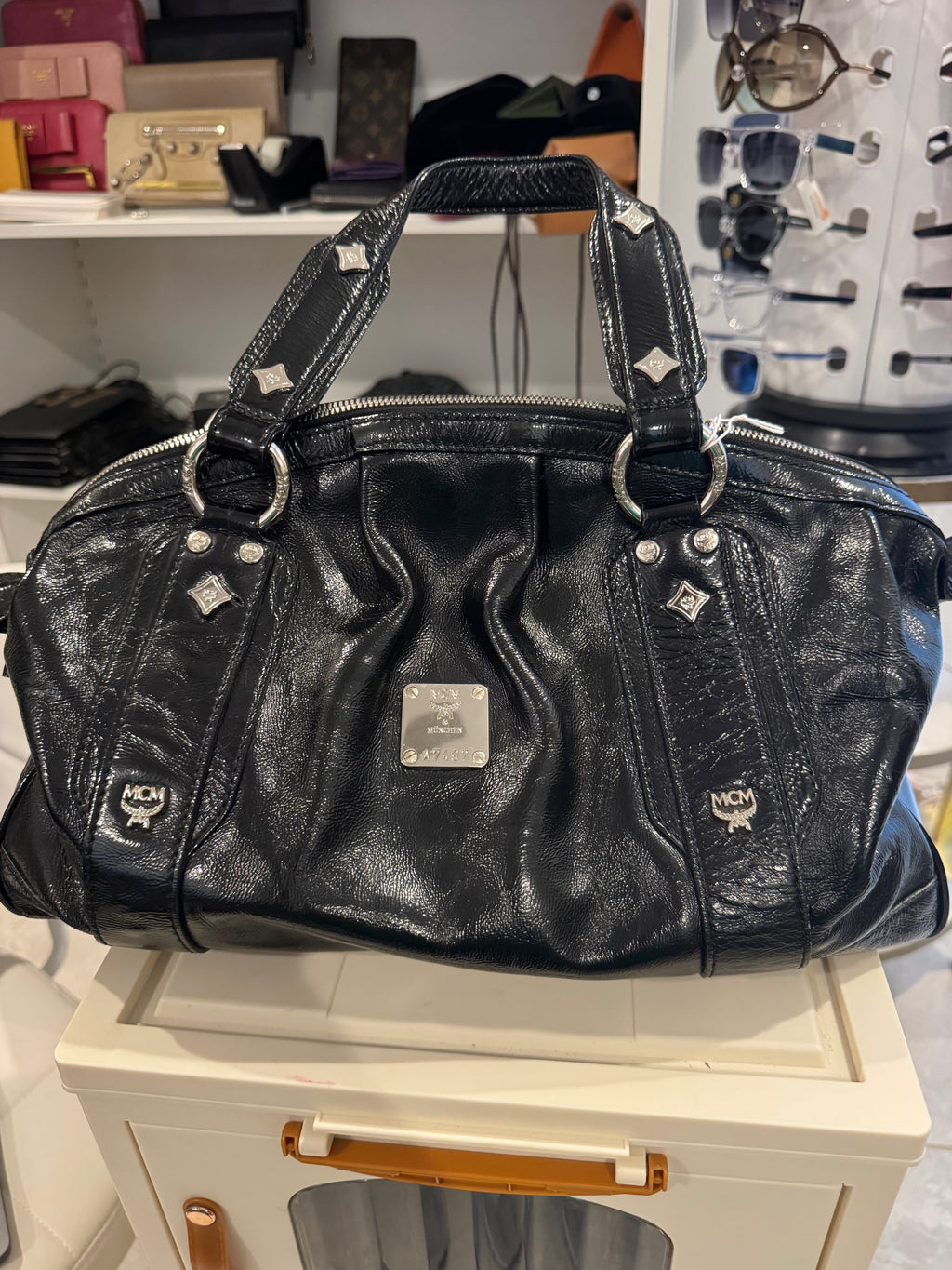 MCM Black Leather Boston Satchel Bag