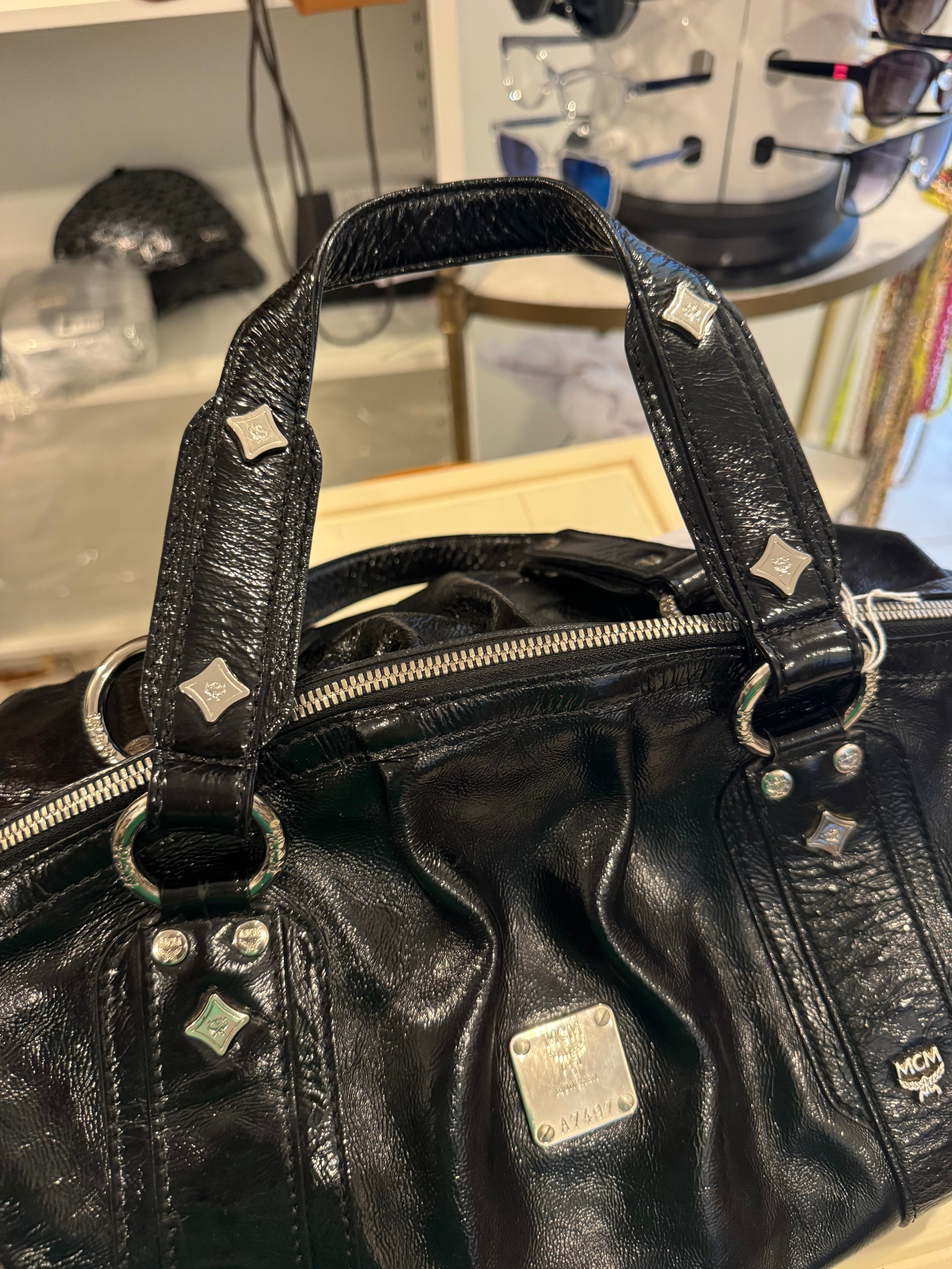 MCM Black Leather Boston Satchel Bag