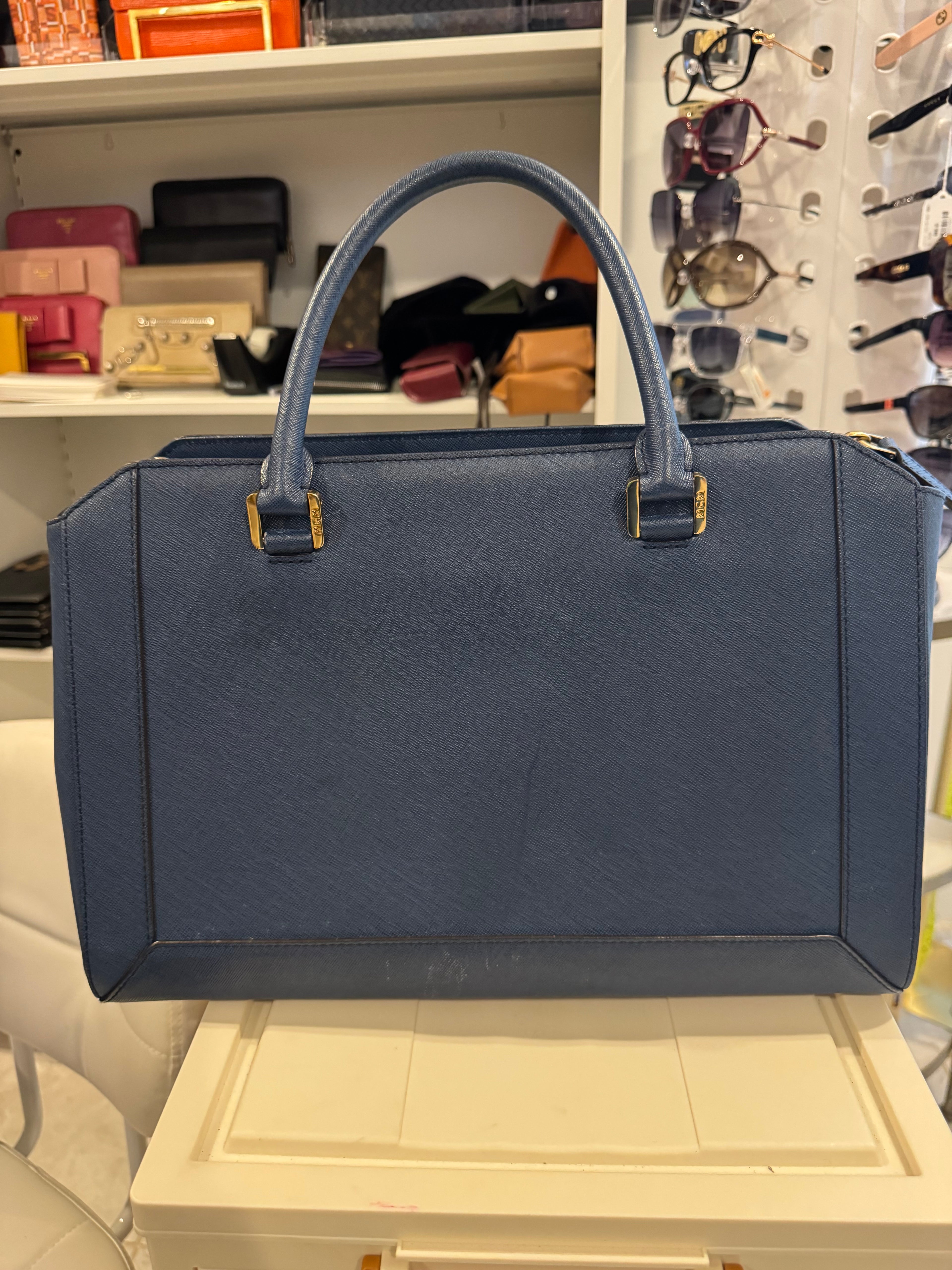 Authentic MCM Blue Leather Structured Tote Bag