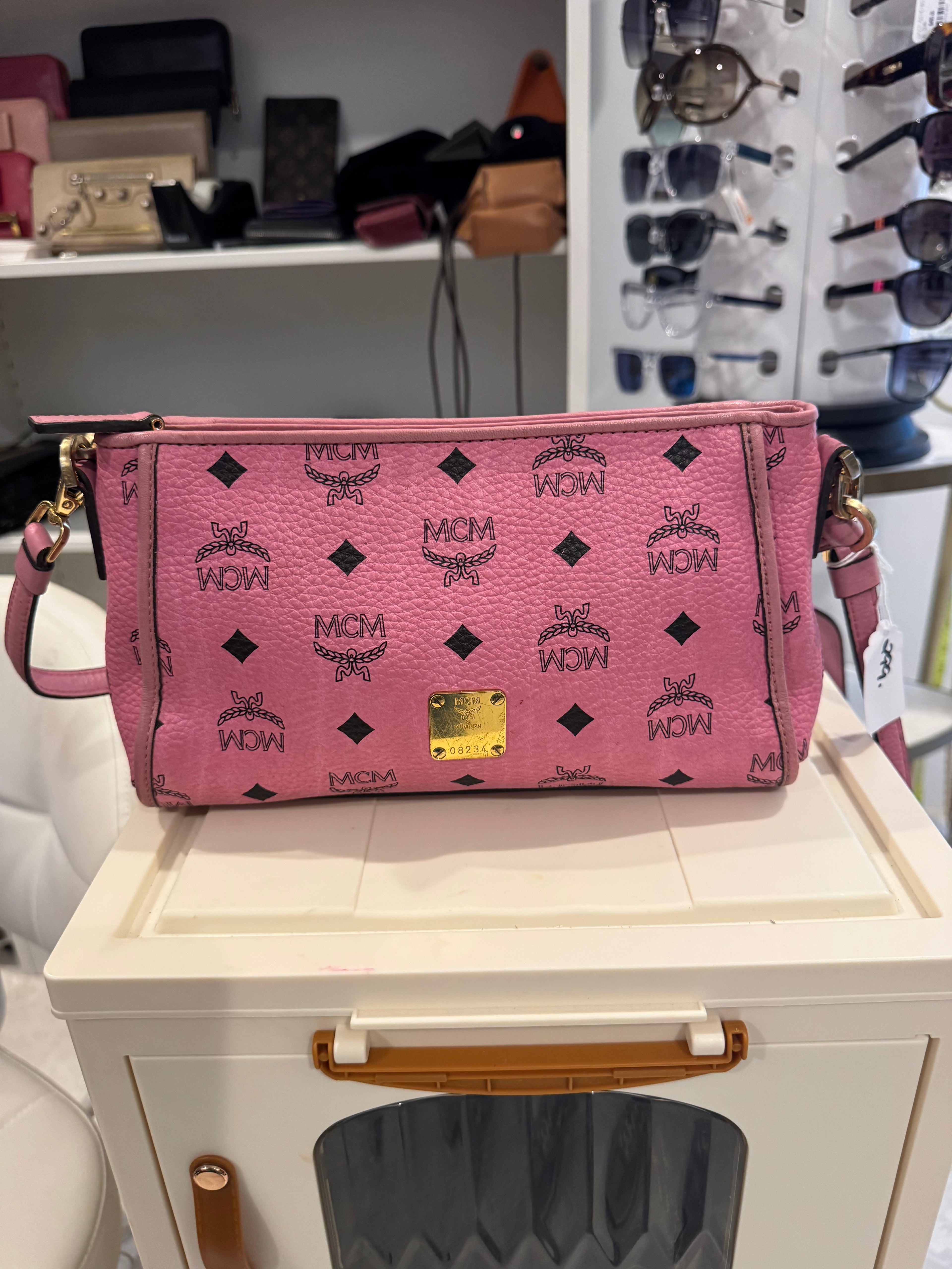 Authentic MCM Pink Visetos Leather Crossbody Bag