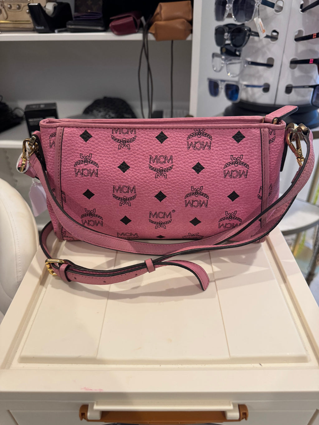 Authentic MCM Pink Visetos Leather Crossbody Bag