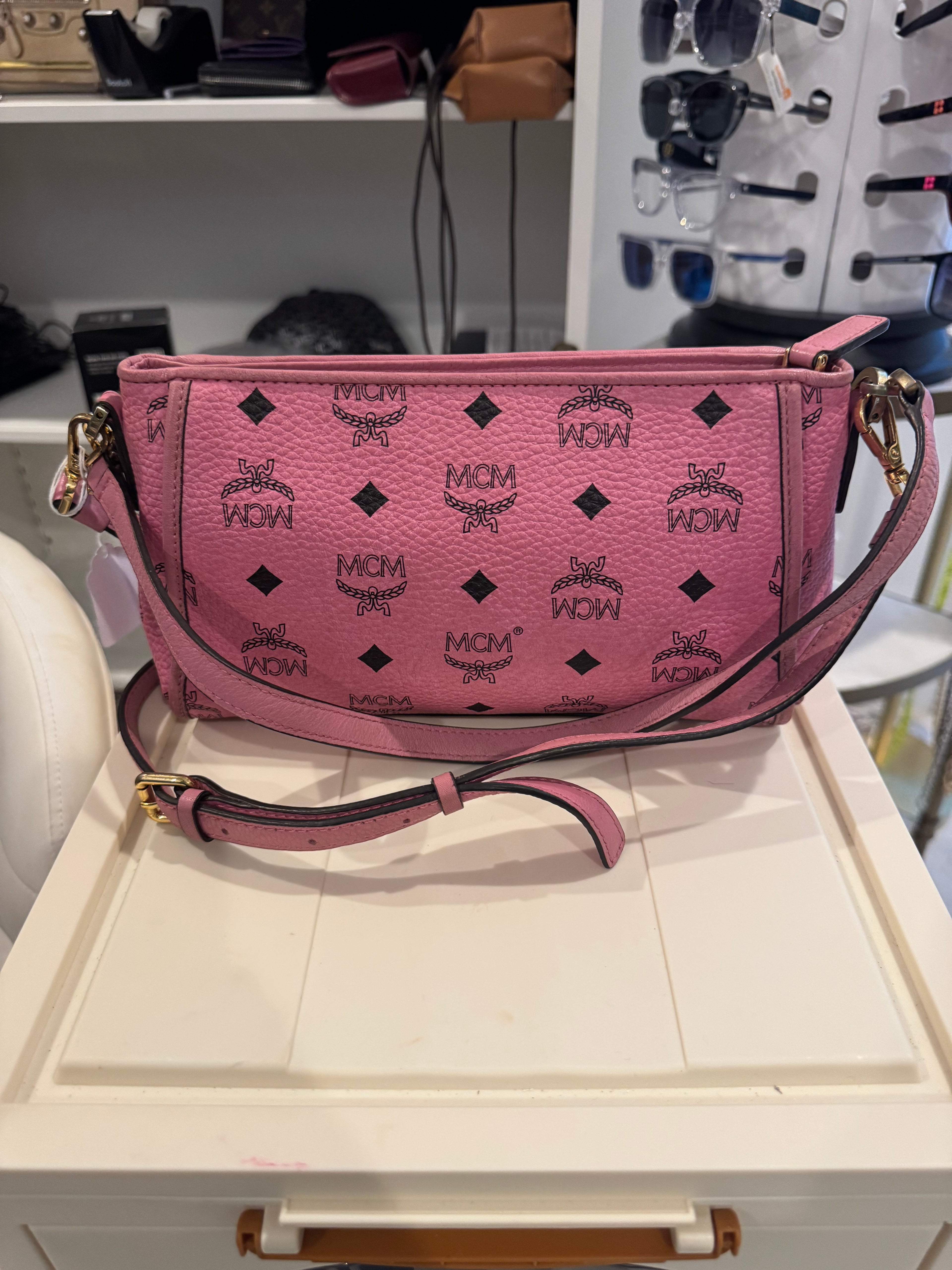Authentic MCM Pink Visetos Leather Crossbody Bag
