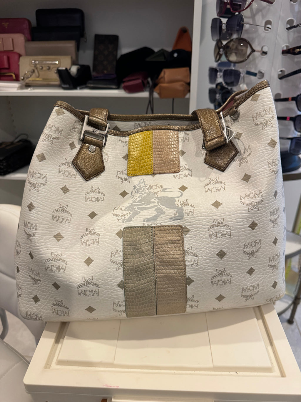 Authentic MCM White Visetos Leather Tote Bag