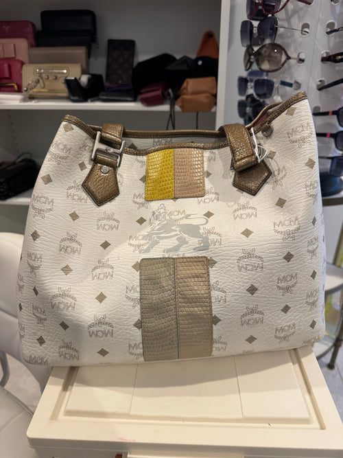 Authentic MCM White Visetos Leather Tote Bag