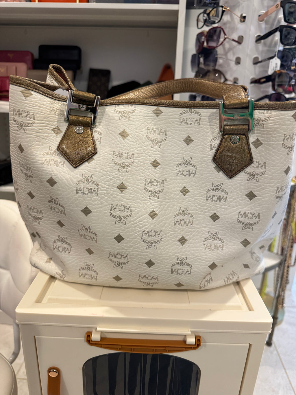 Authentic MCM White Visetos Leather Tote Bag