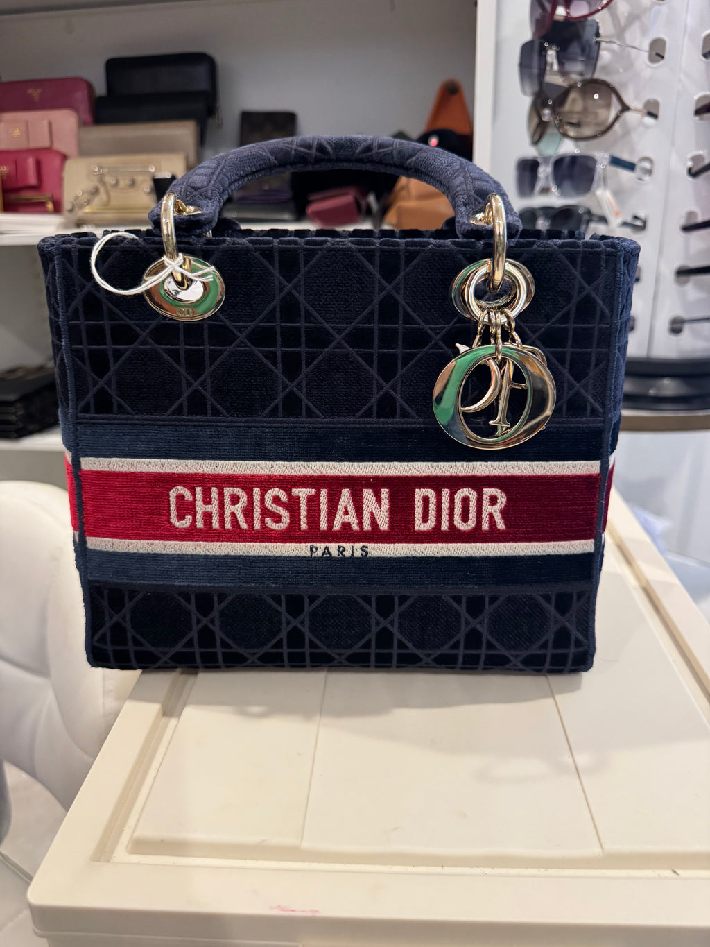 Christian Dior Velvet Lady Dior Tote – Navy & Red Logo Stripe