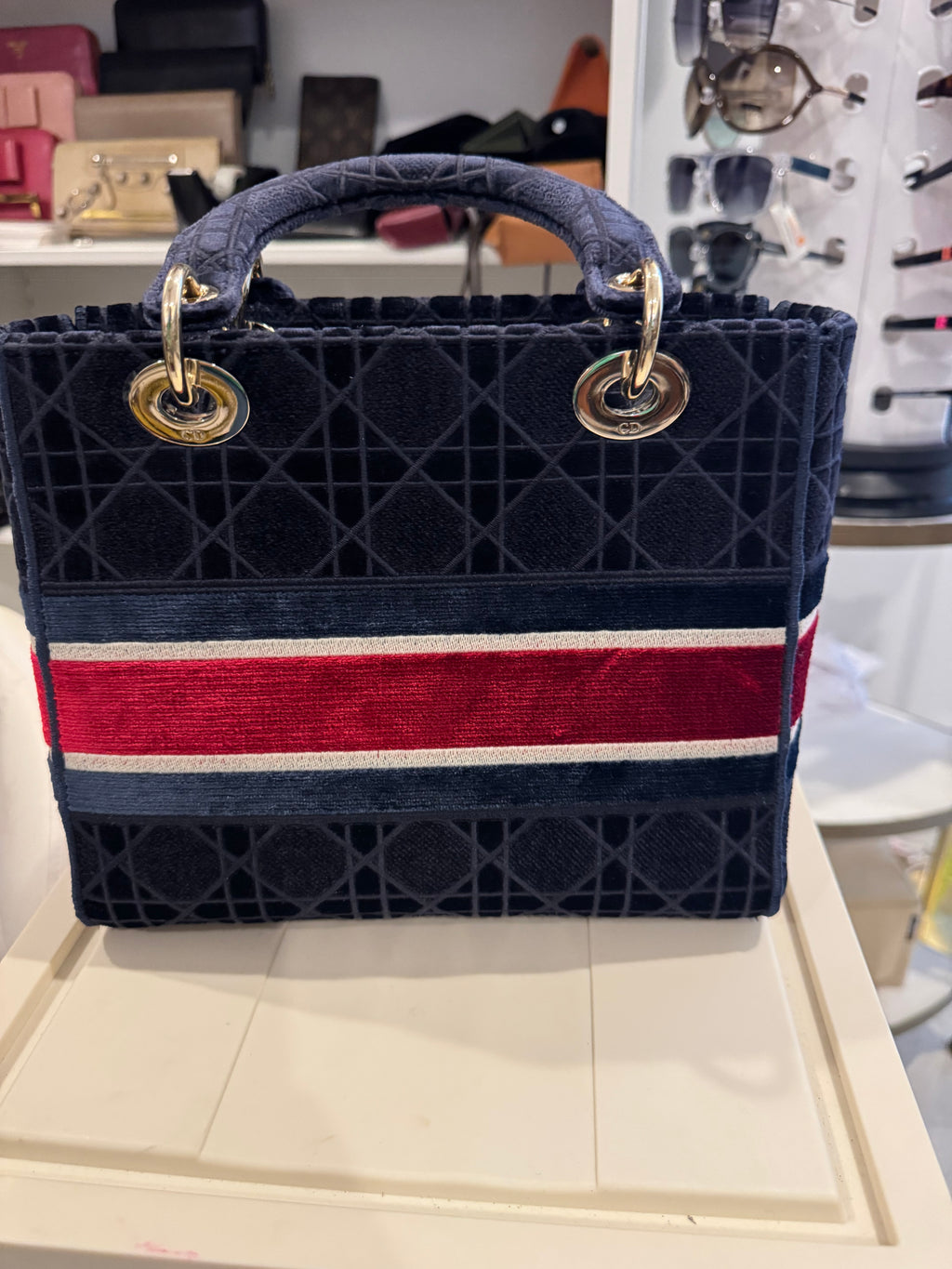 Christian Dior Velvet Lady Dior Tote – Navy & Red Logo Stripe