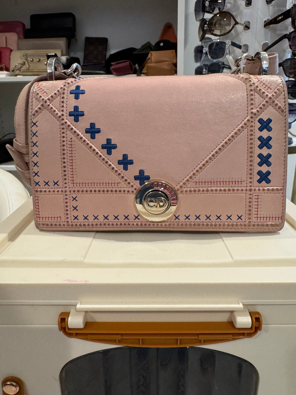 Christian Dior Diorama Pink Leather Embroidered Chain Shoulder Bag