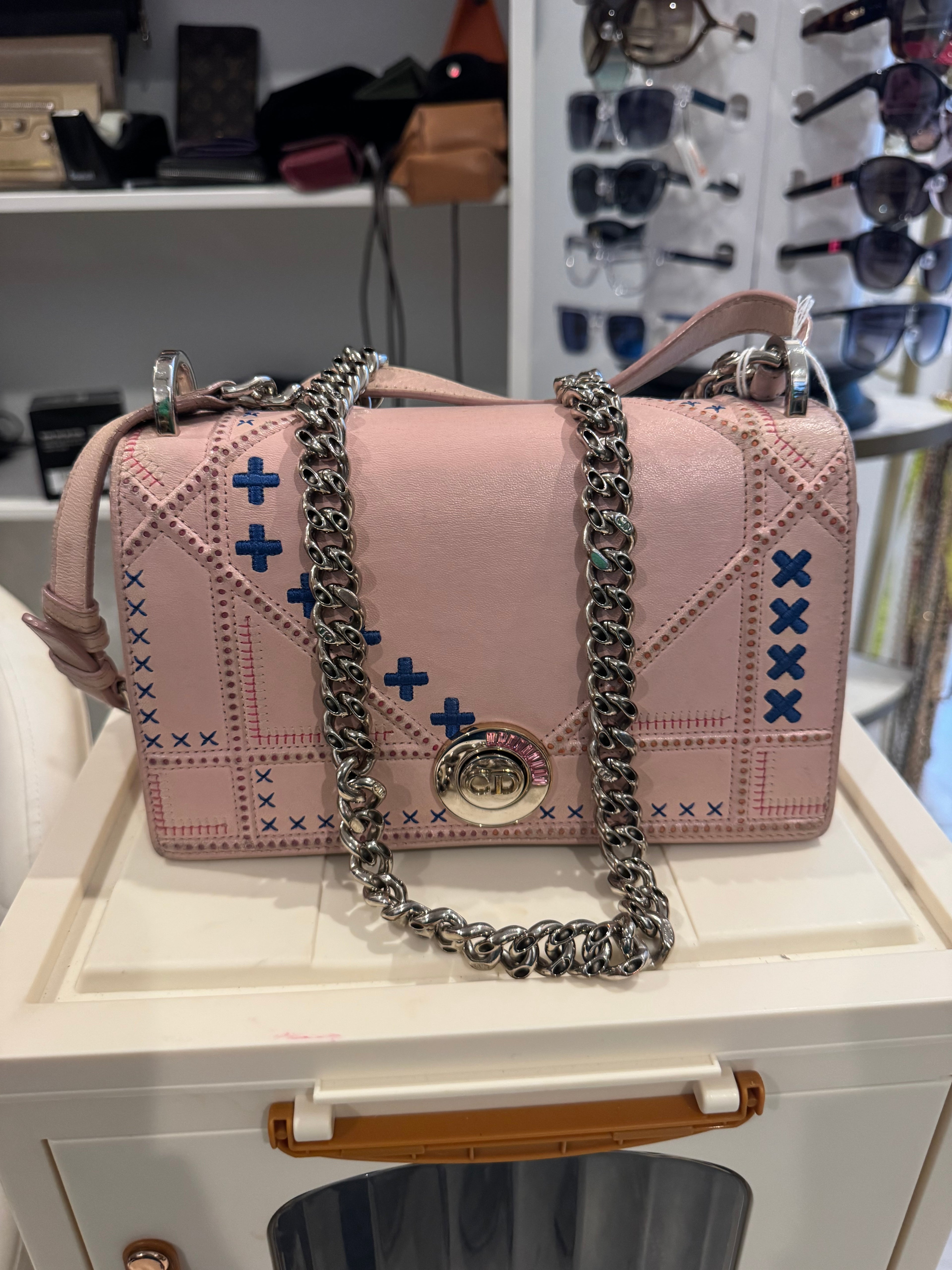 Christian Dior Diorama Pink Leather Embroidered Chain Shoulder Bag
