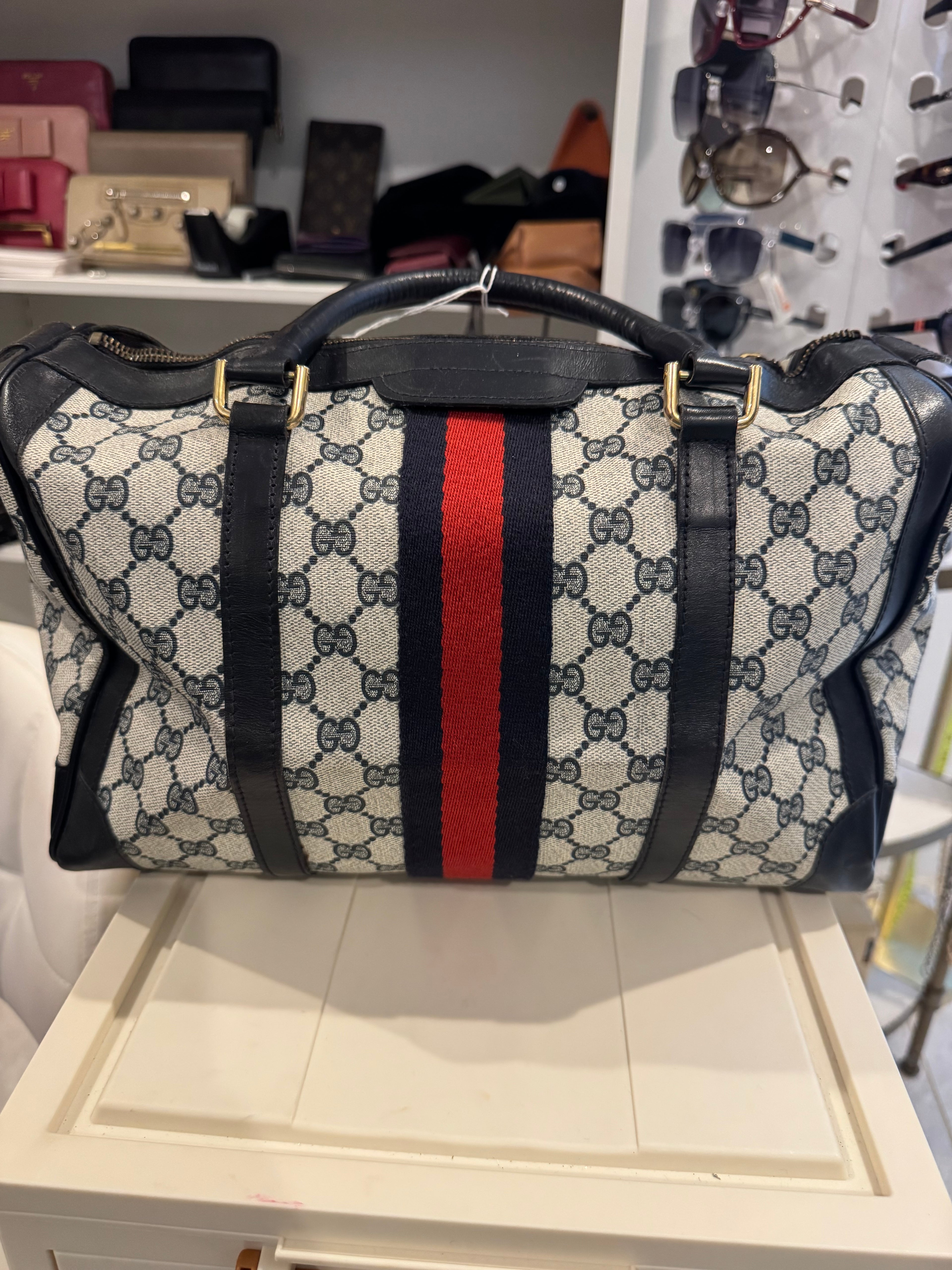 Gucci GG Canvas Web Boston Bag – Beige & Ebony with Black Leather Trim