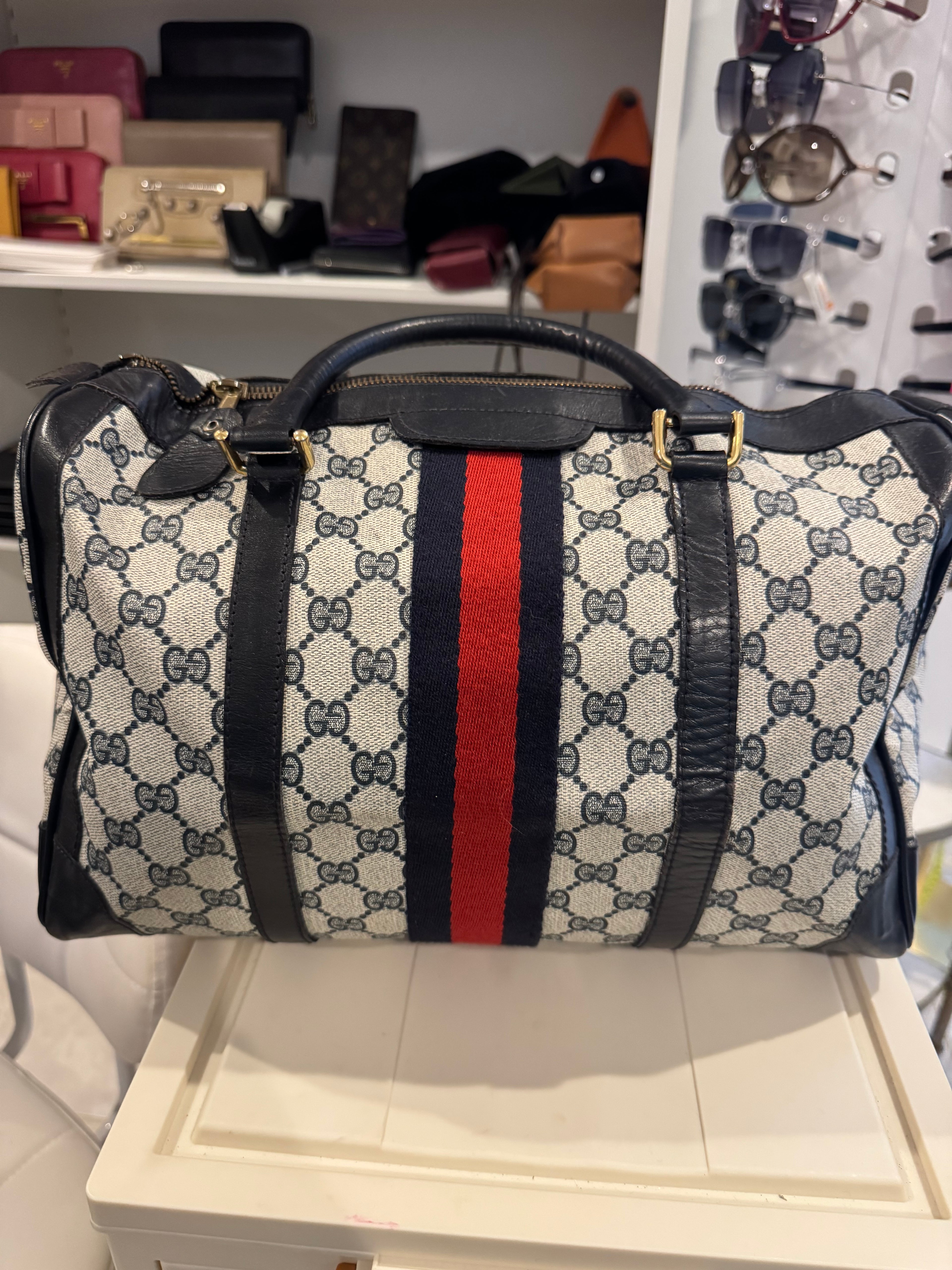 Gucci GG Canvas Web Boston Bag – Beige & Ebony with Black Leather Trim