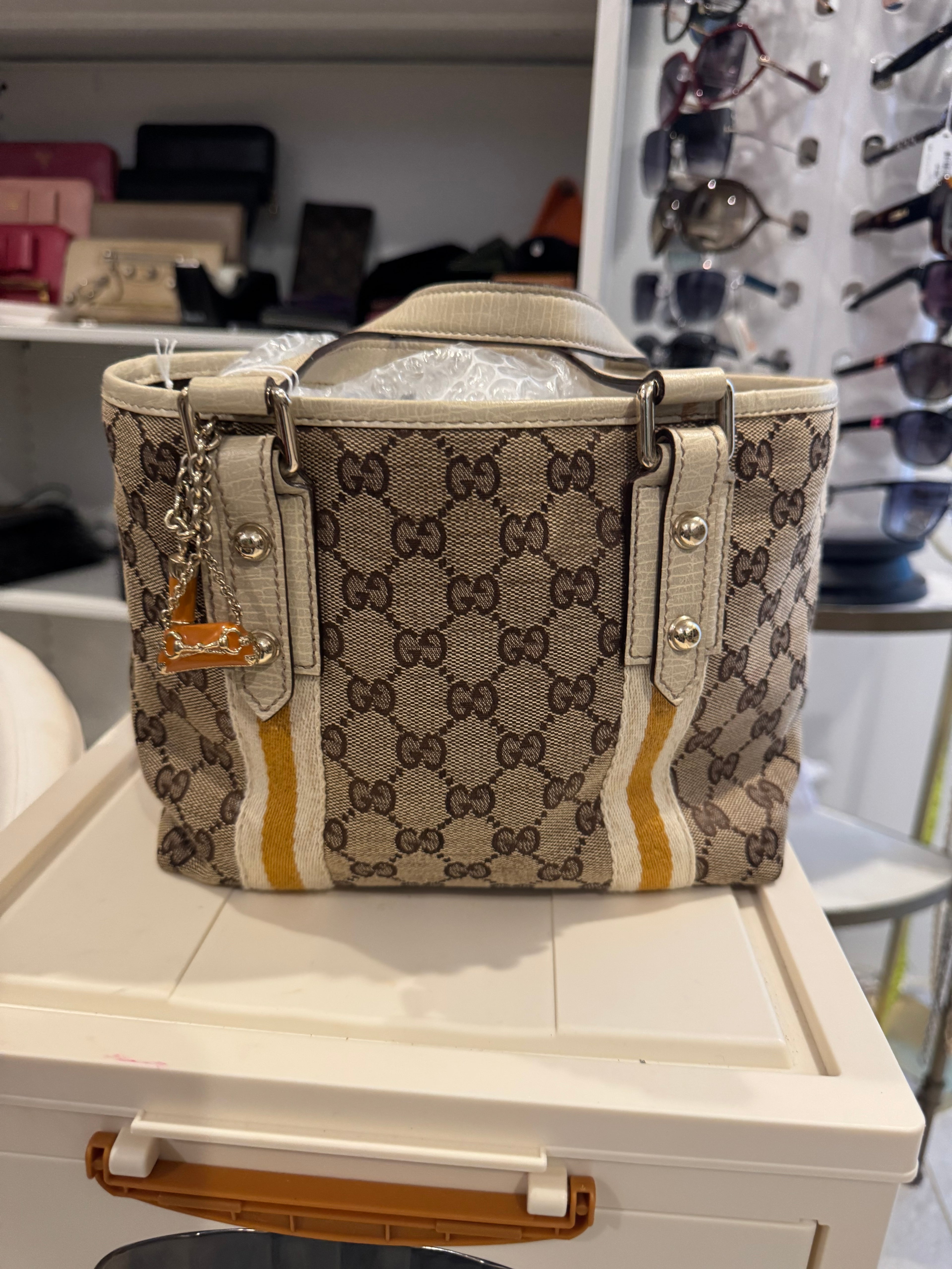 Gucci GG Canvas Small Tote with Web Stripe – Beige/Brown