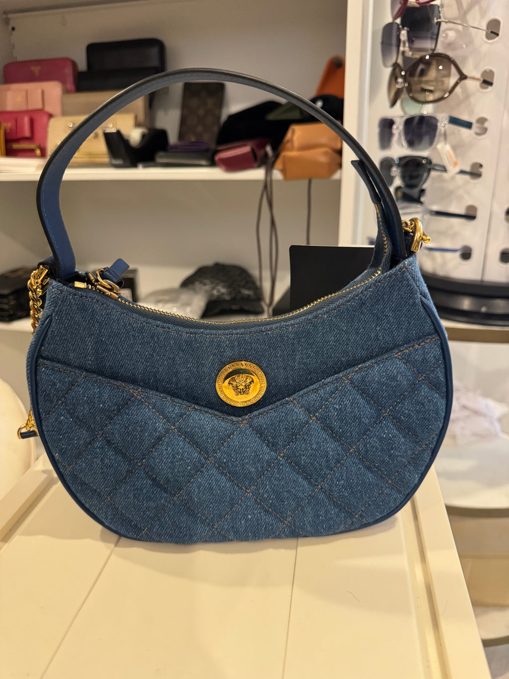 Versace Medusa Quilted Denim Shoulder Bag | Blue Jean Fabric with Gold Hardware