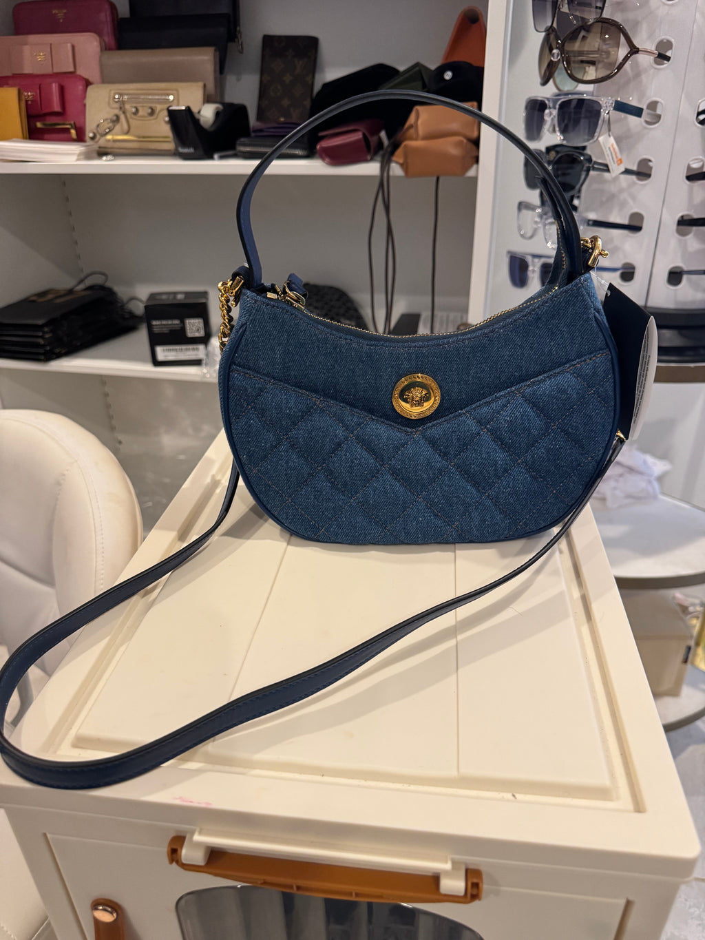Versace Medusa Quilted Denim Shoulder Bag | Blue Jean Fabric with Gold Hardware