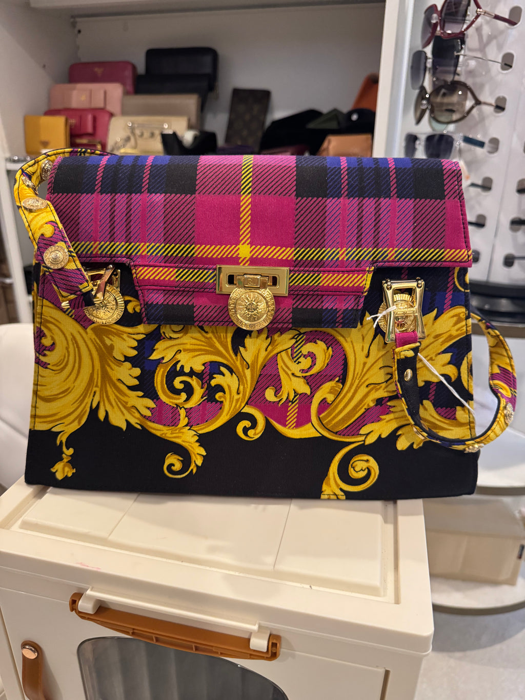 Vintage Gianni Versace Couture Baroque Plaid Canvas Top Handle Bag – Gold Medusa Hardware