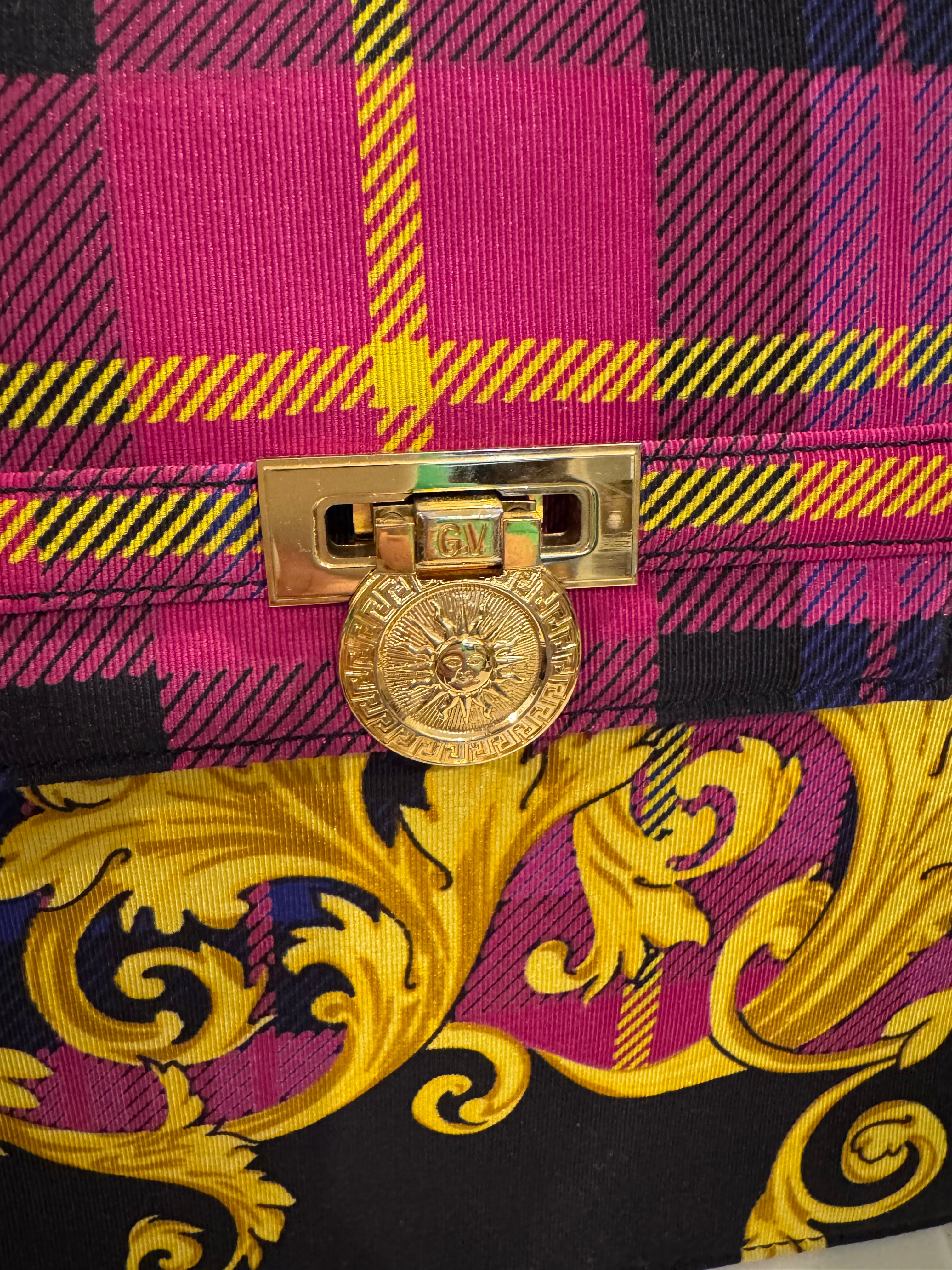 Vintage Gianni Versace Couture Baroque Plaid Canvas Top Handle Bag – Gold Medusa Hardware