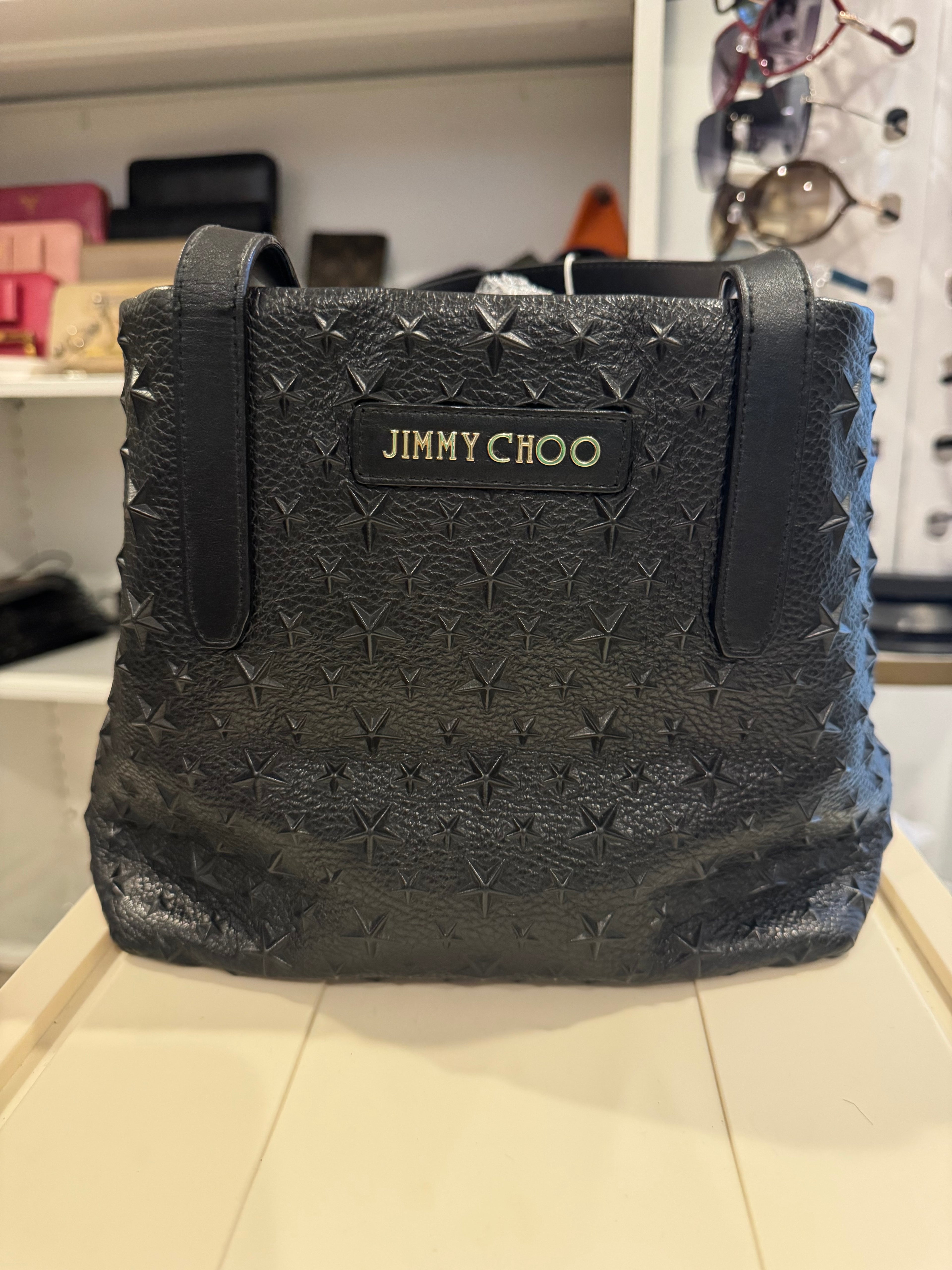 Jimmy Choo Sofia Star Embossed Tote | Black Leather Shoulder Bag