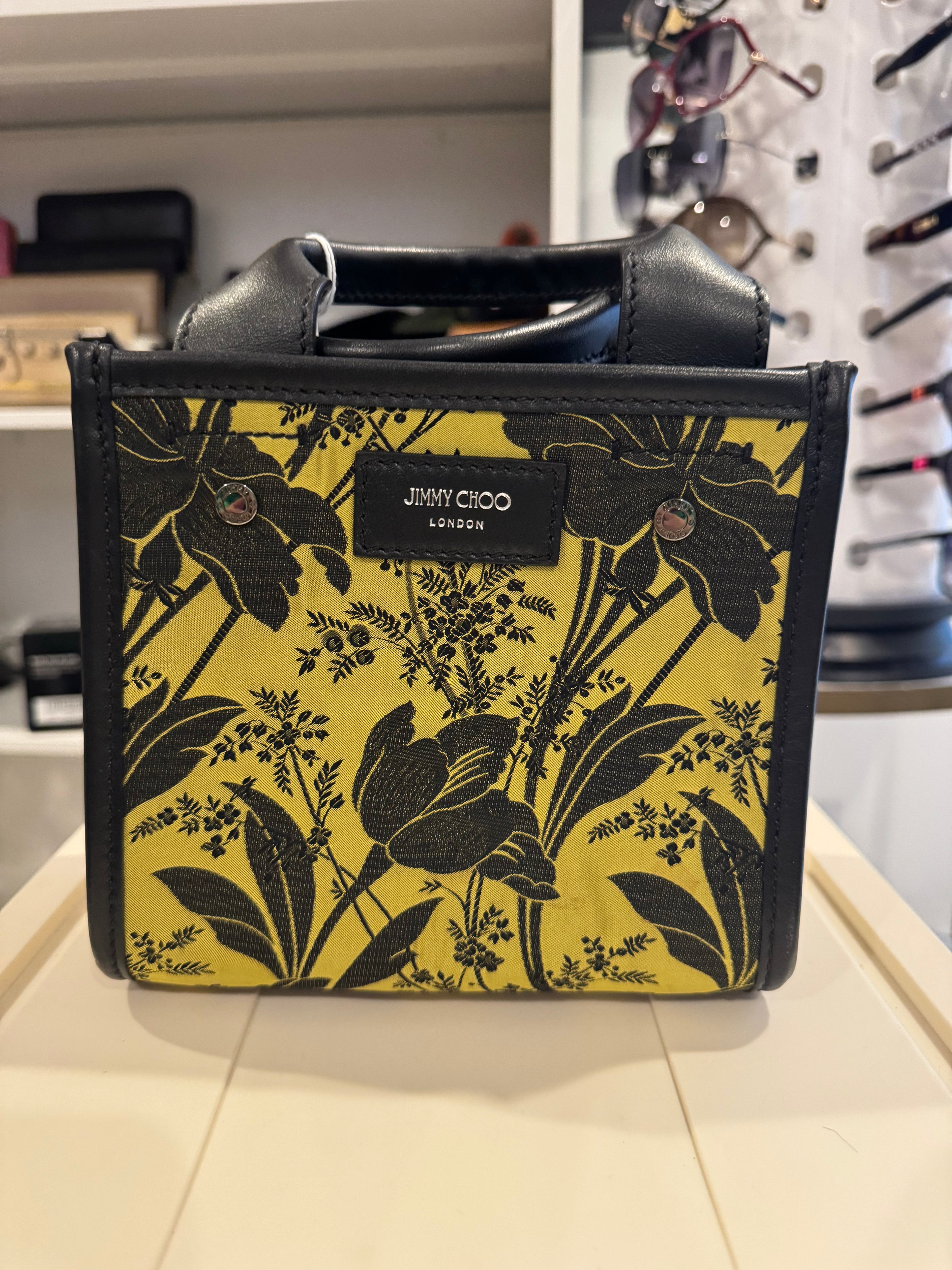 Jimmy Choo Mini Floral Canvas Tote | Black & Yellow Print with Leather Trim