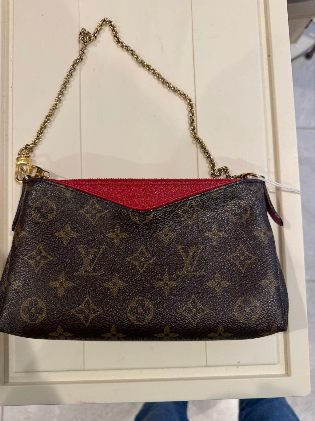 Louis Vuitton Monogram Pallas Clutch – Cherry Red Leather Trim & Gold Chain