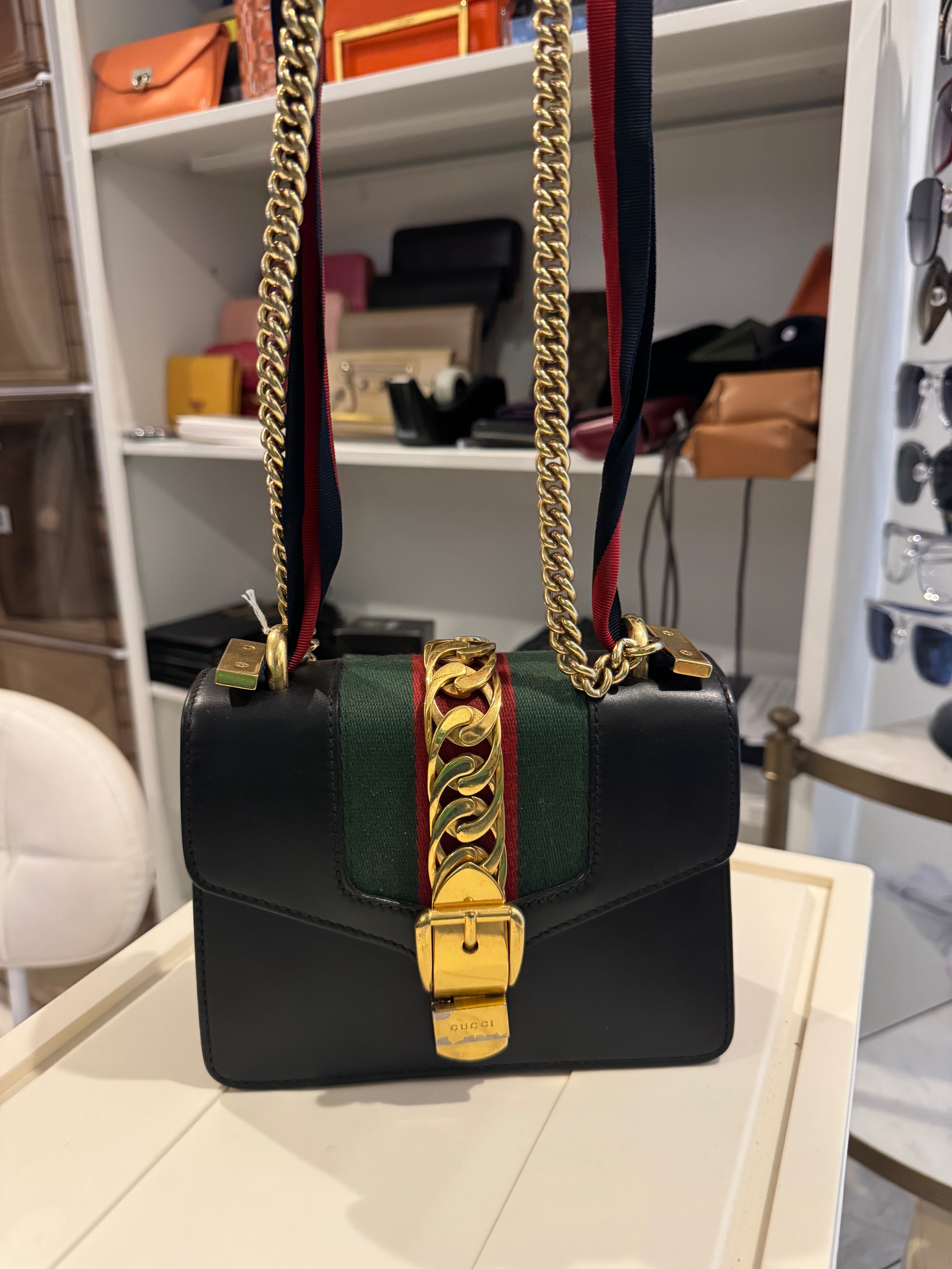 Gucci Sylvie Small Shoulder Bag Black Leather with Green & Red Web Stripe