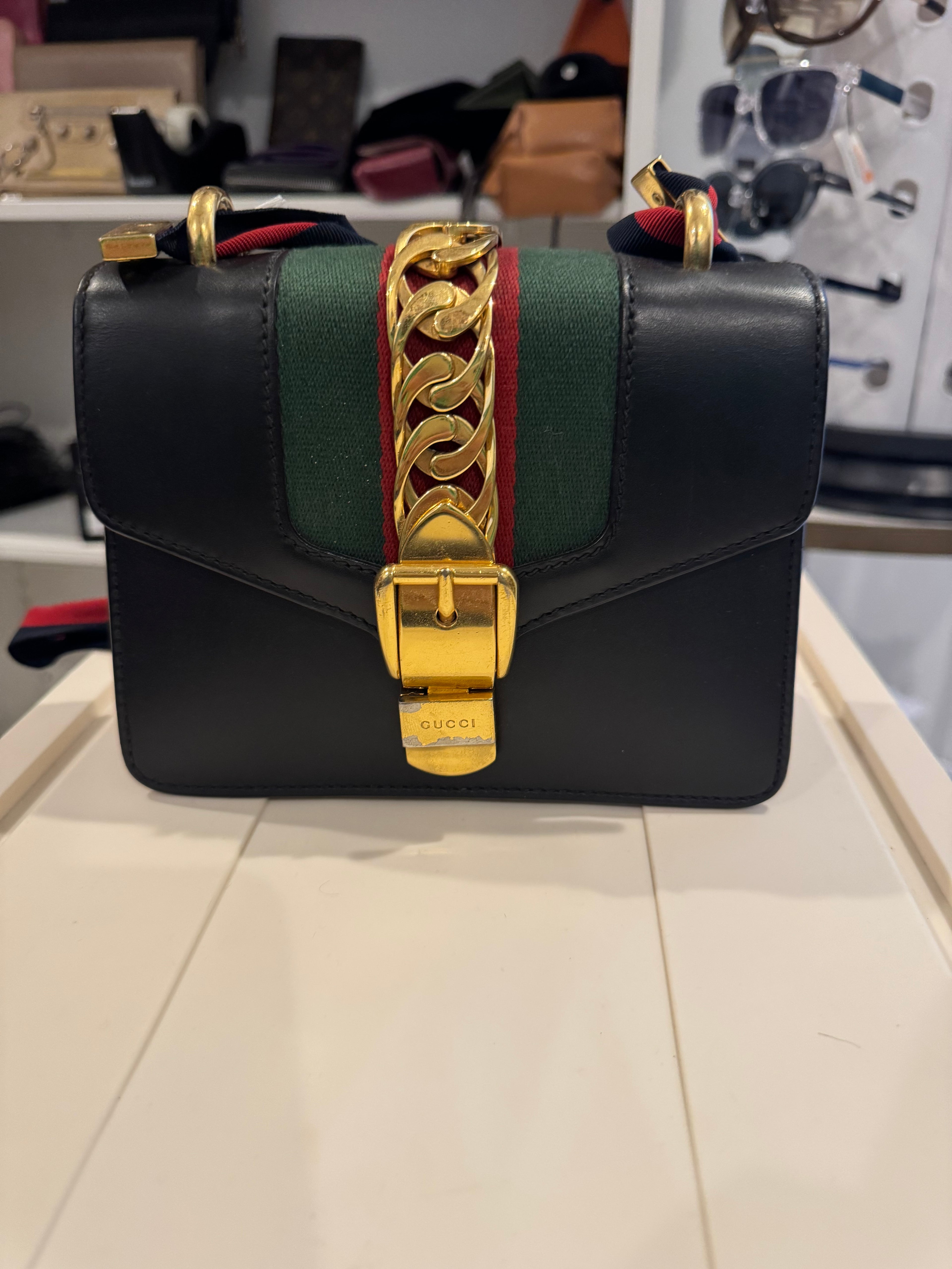 Gucci Sylvie Small Shoulder Bag Black Leather with Green & Red Web Stripe