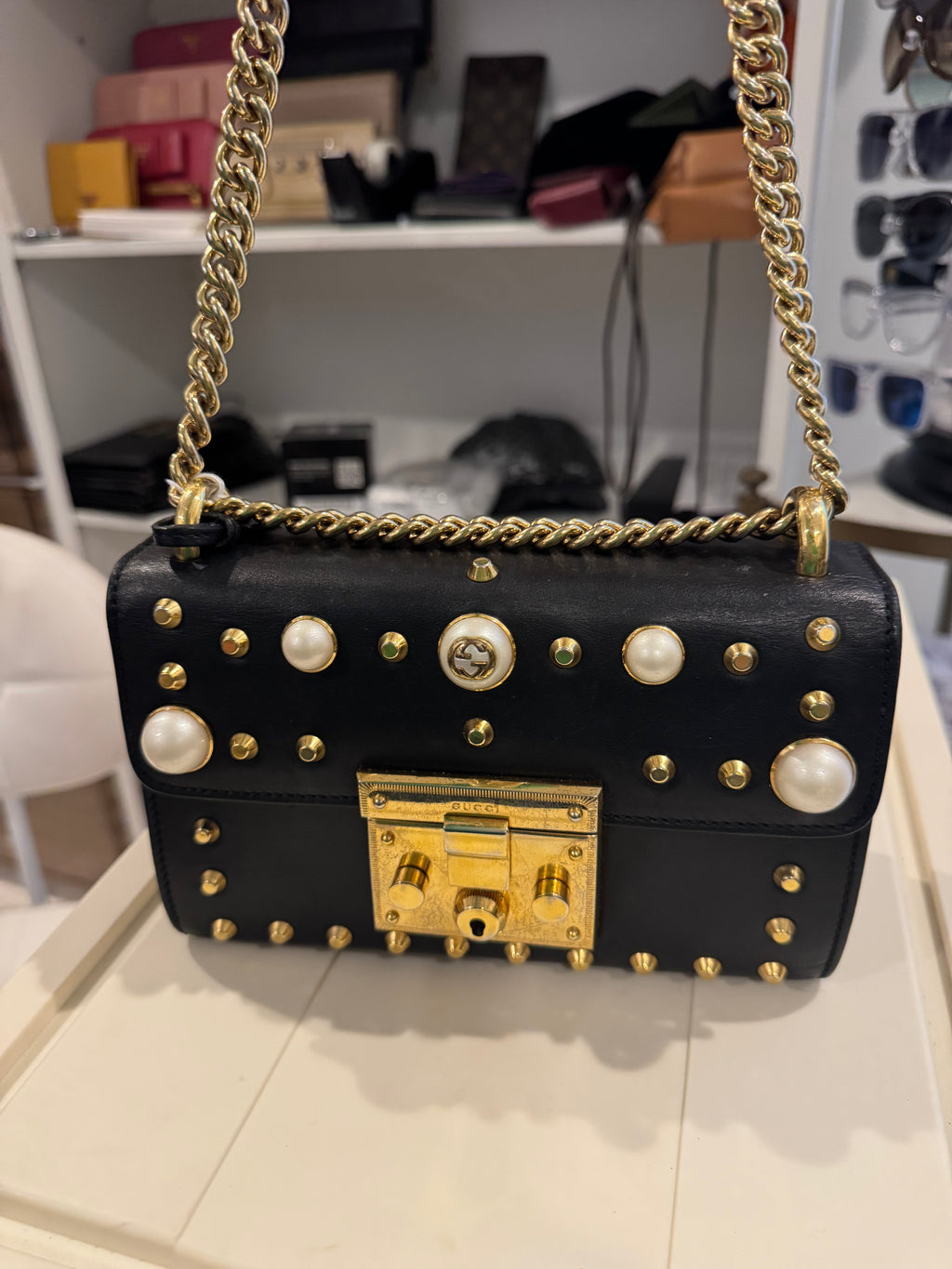 Gucci Calfskin Studded Small Padlock Shoulder Bag – Black Leather with Gold & Faux Pearl Accents