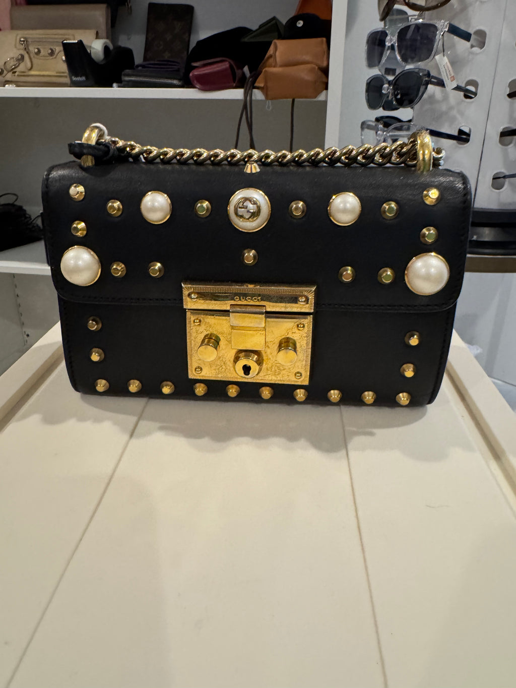 Gucci Calfskin Studded Small Padlock Shoulder Bag – Black Leather with Gold & Faux Pearl Accents