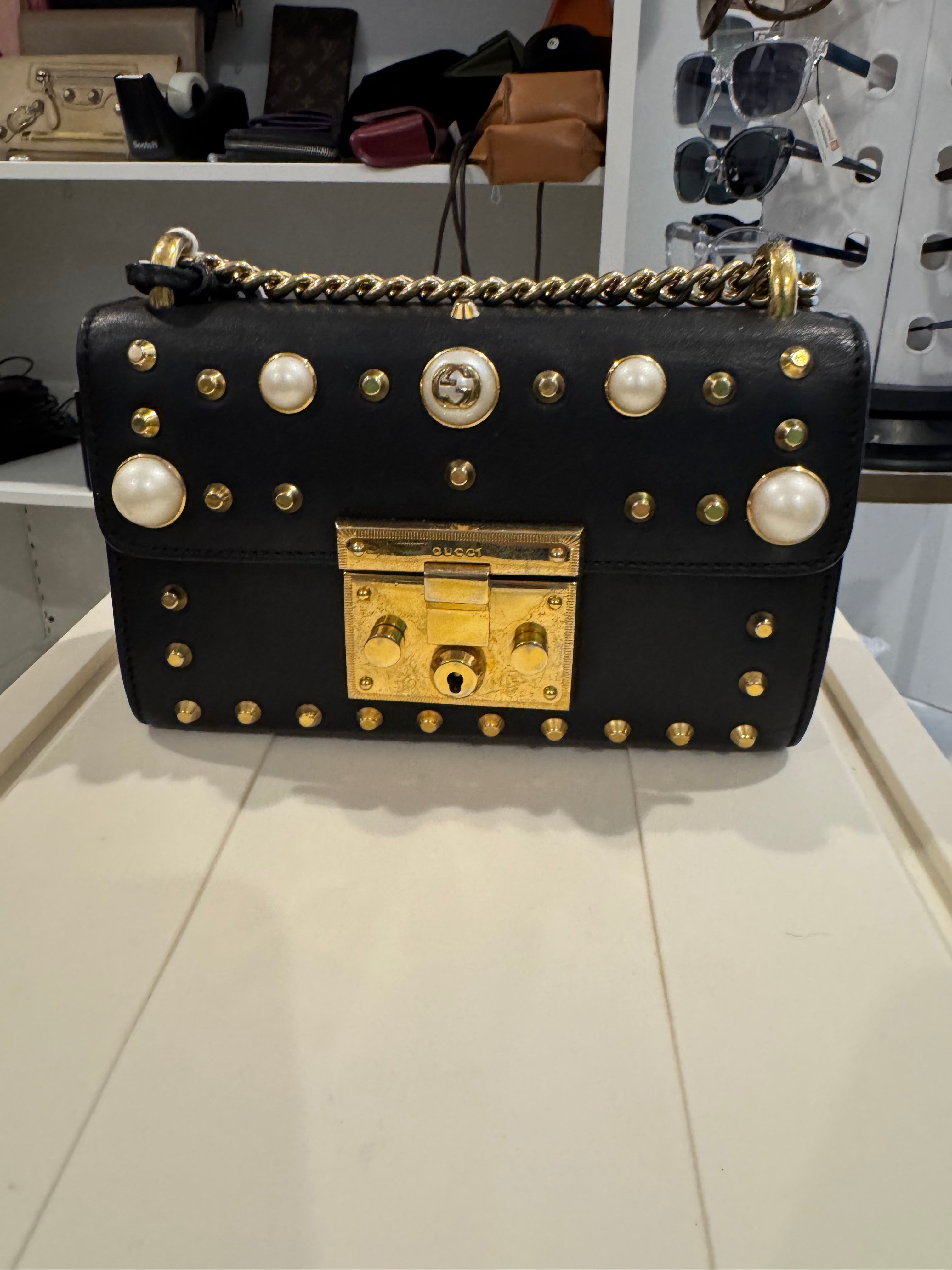 Gucci Calfskin Studded Small Padlock Shoulder Bag – Black Leather with Gold & Faux Pearl Accents