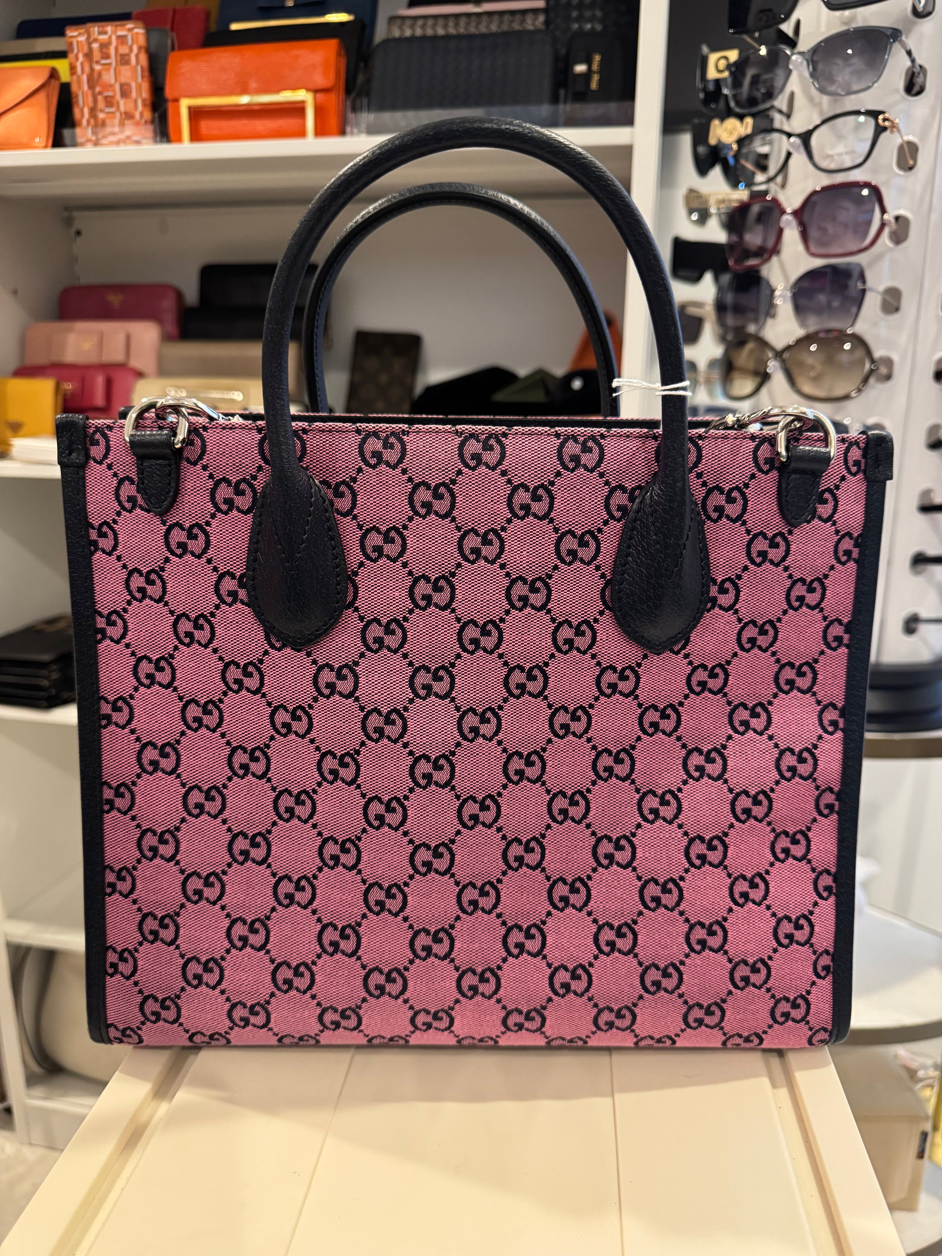 Gucci GG Canvas Small Tote Bag – Pink with Black Leather Trim