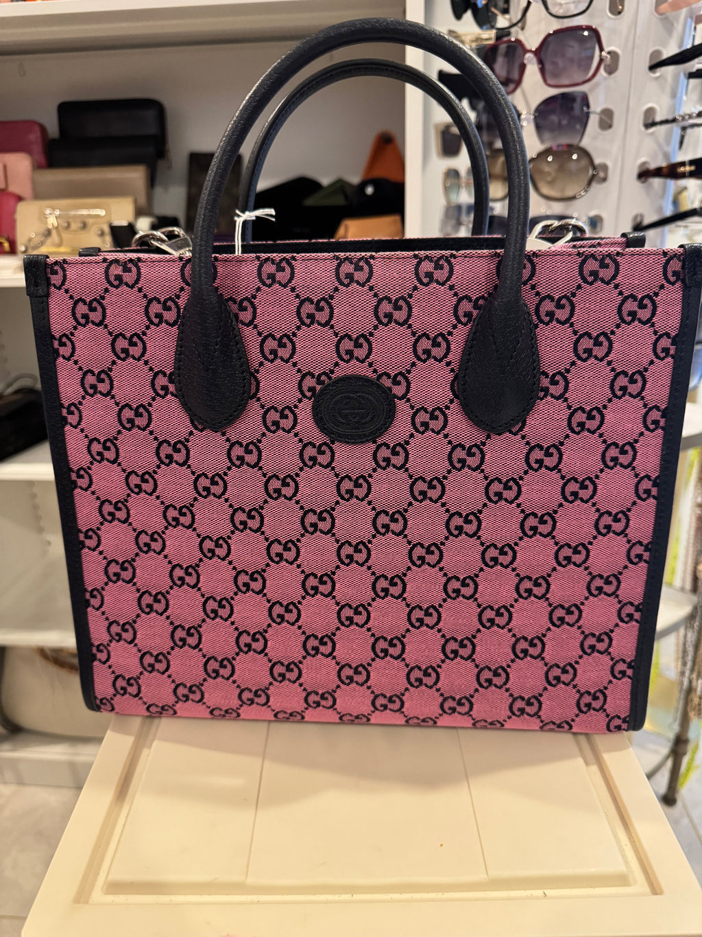 Gucci GG Canvas Small Tote Bag – Pink with Black Leather Trim