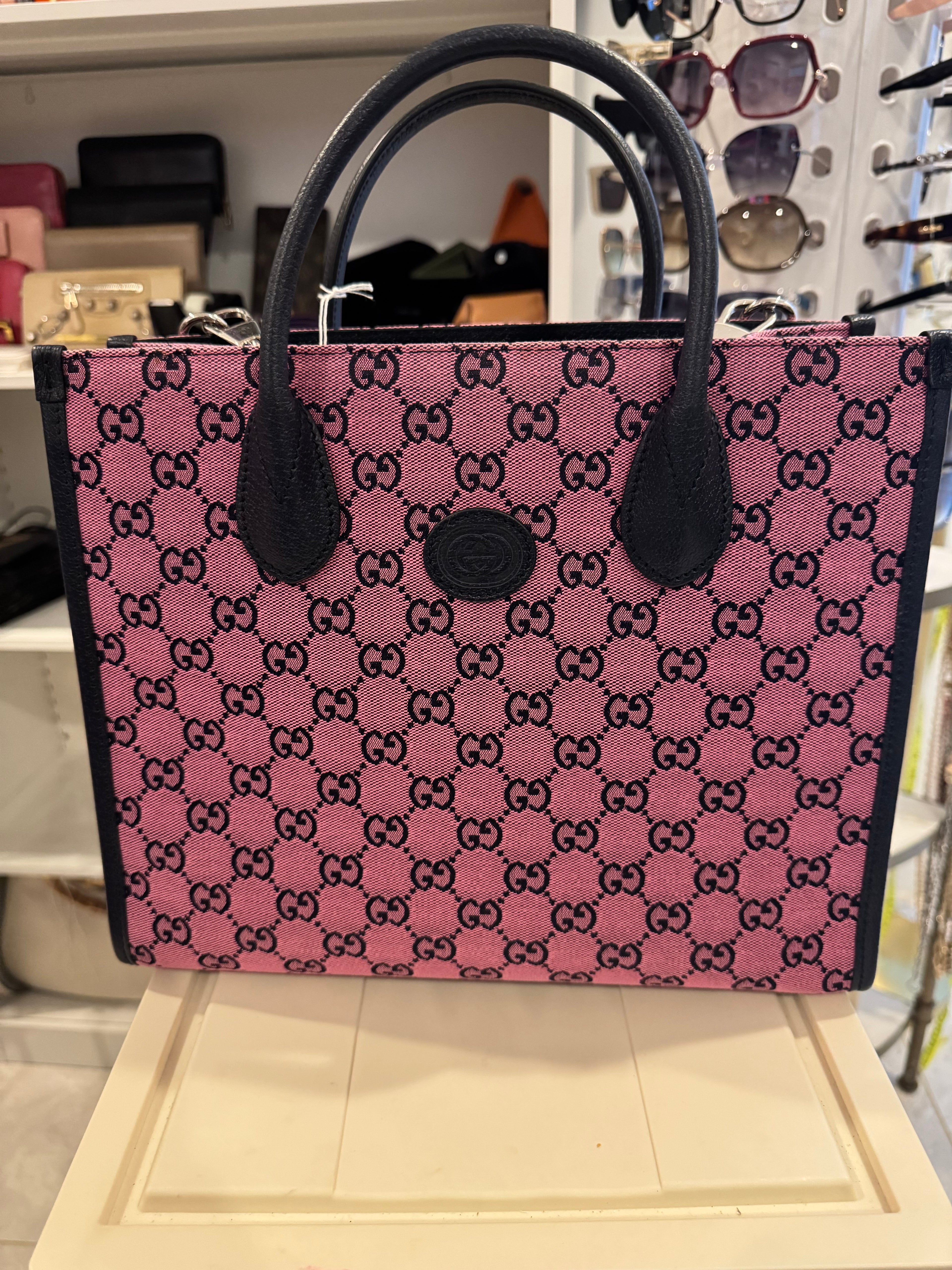 Gucci GG Canvas Small Tote Bag – Pink with Black Leather Trim