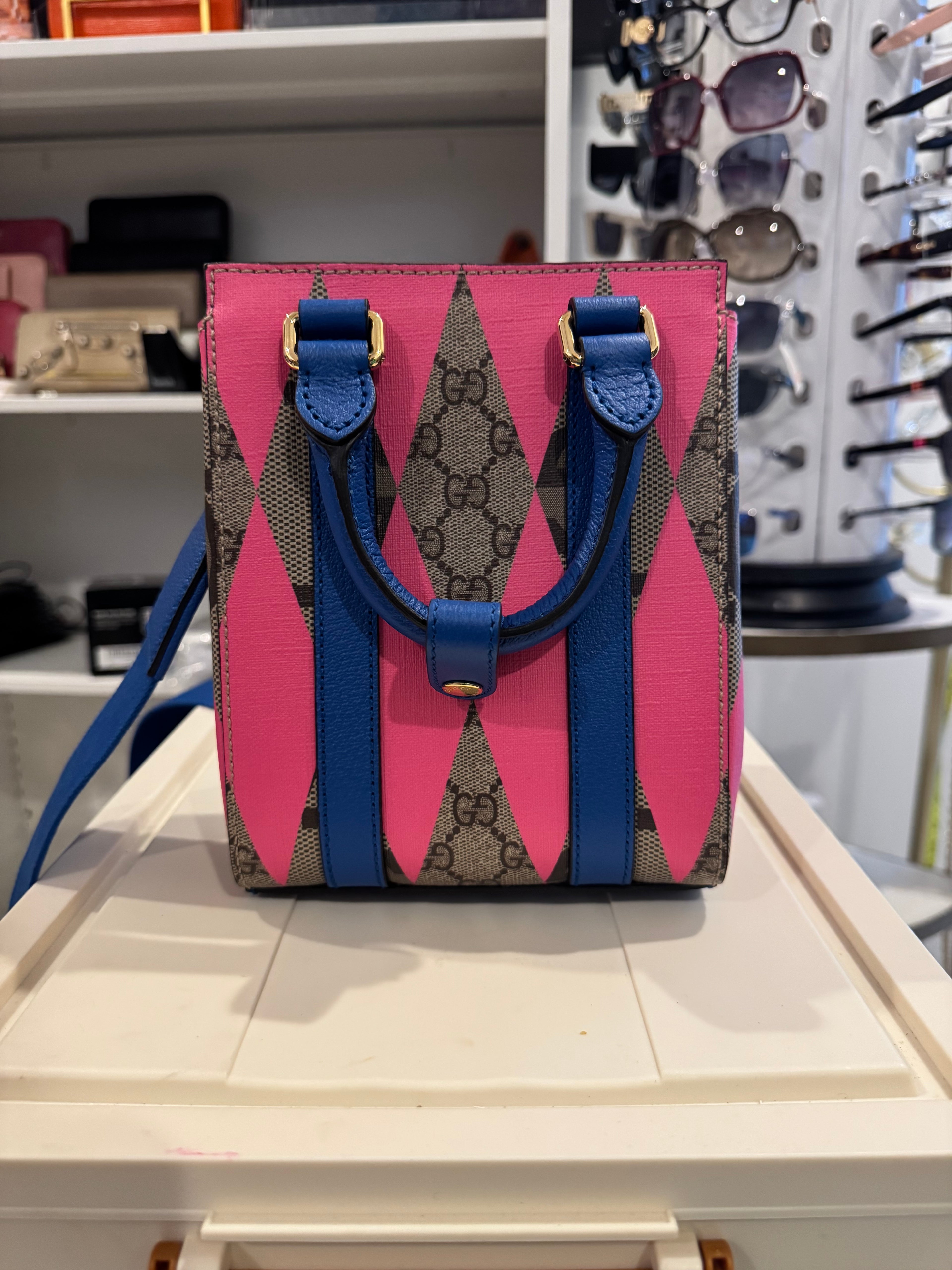 Gucci GG Supreme Monogram Rhombus Mini Tote Bag – Pink & Blue