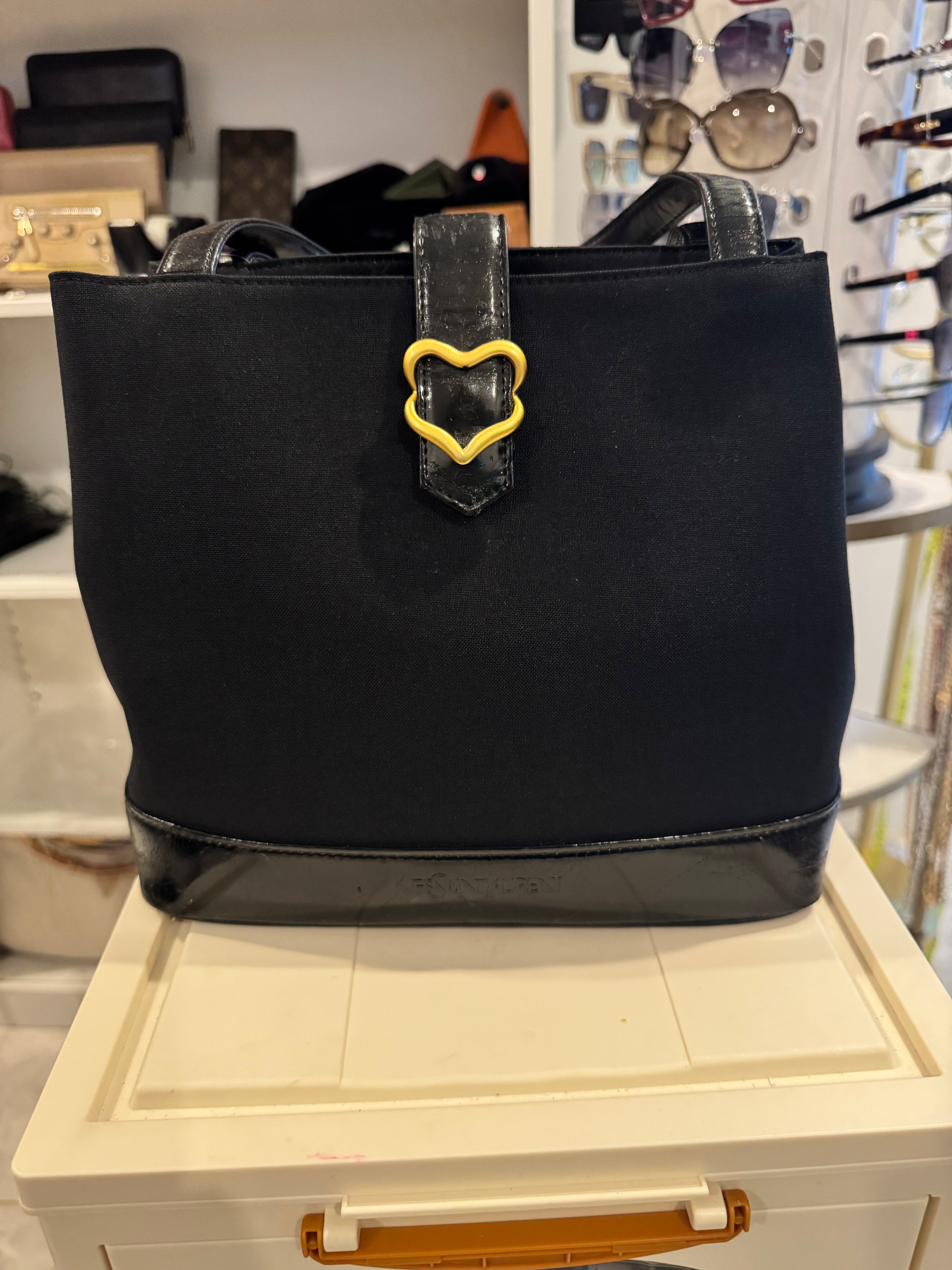 YSL Black Canvas & Patent Leather Mini Tote Handbag with Gold Heart Buckle