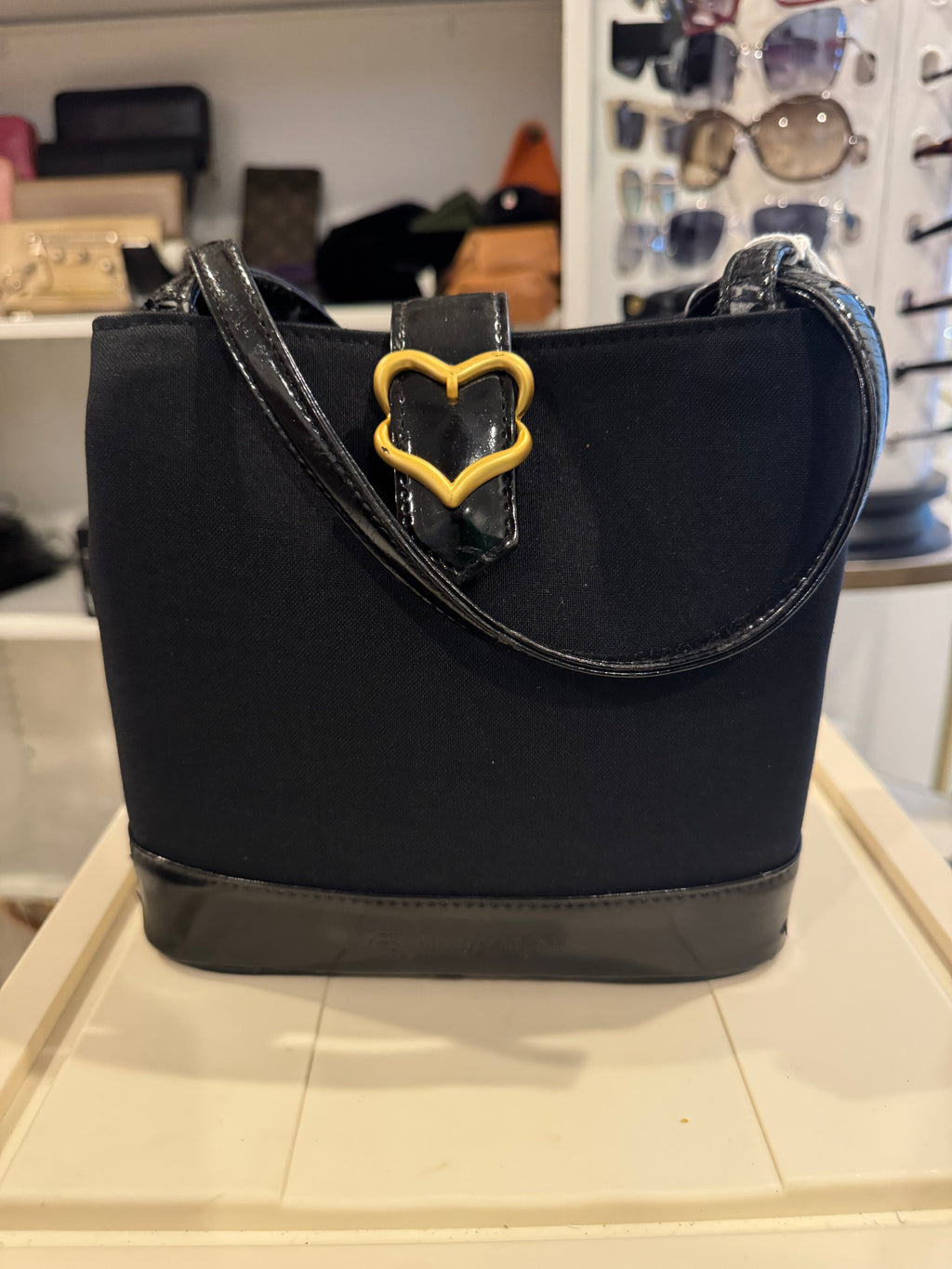 YSL Black Canvas & Patent Leather Mini Tote Handbag with Gold Heart Buckle