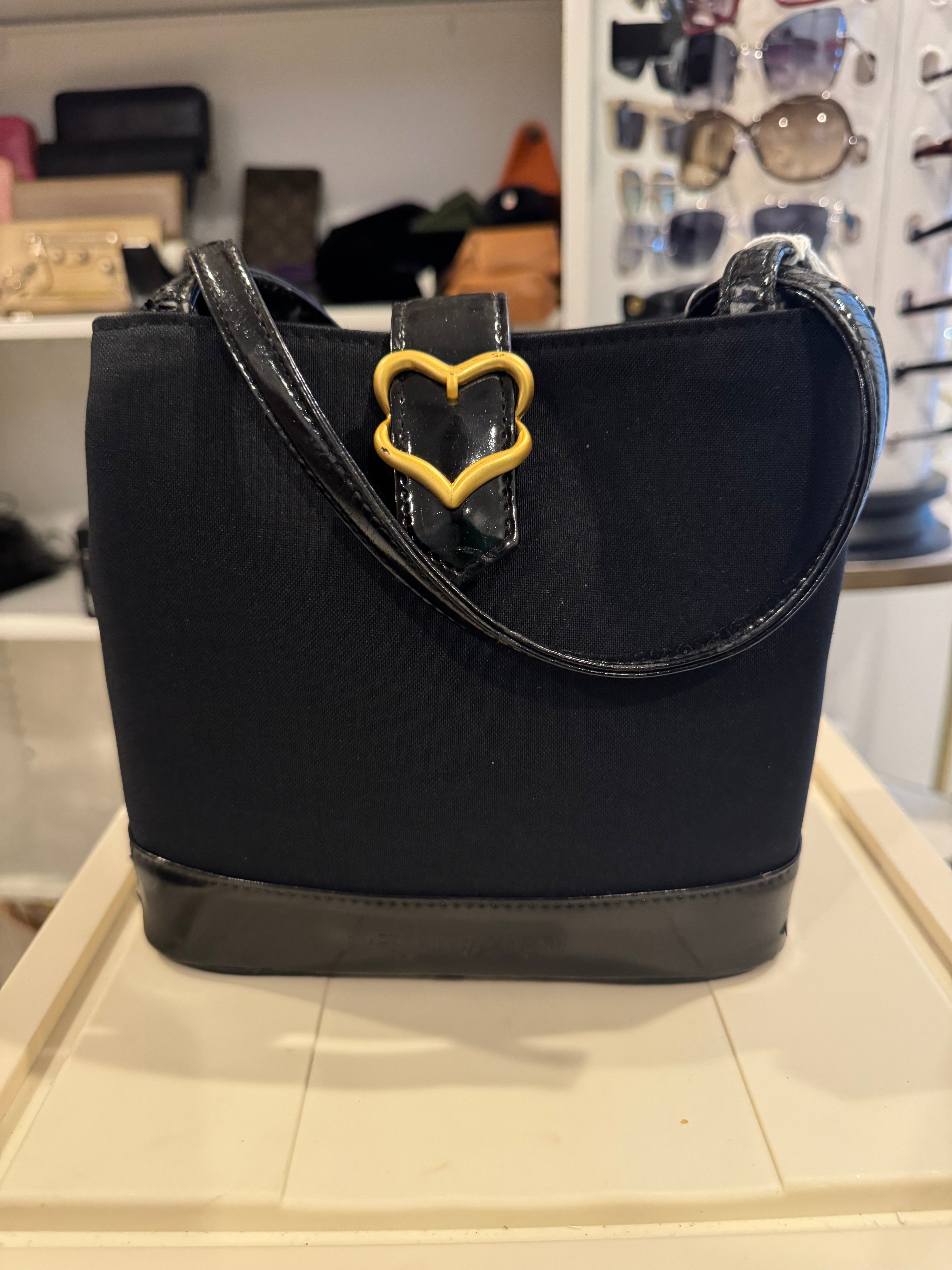 YSL Black Canvas & Patent Leather Mini Tote Handbag with Gold Heart Buckle