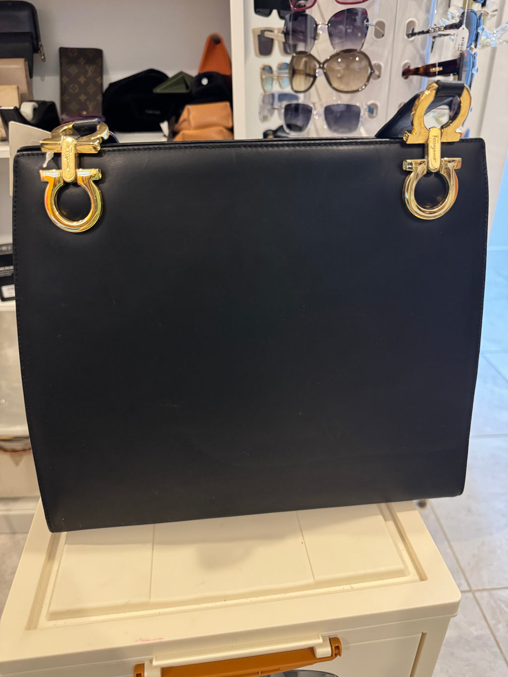 Salvatore Ferragamo Black Leather Gancini Shoulder Bag with Gold-Tone Hardware