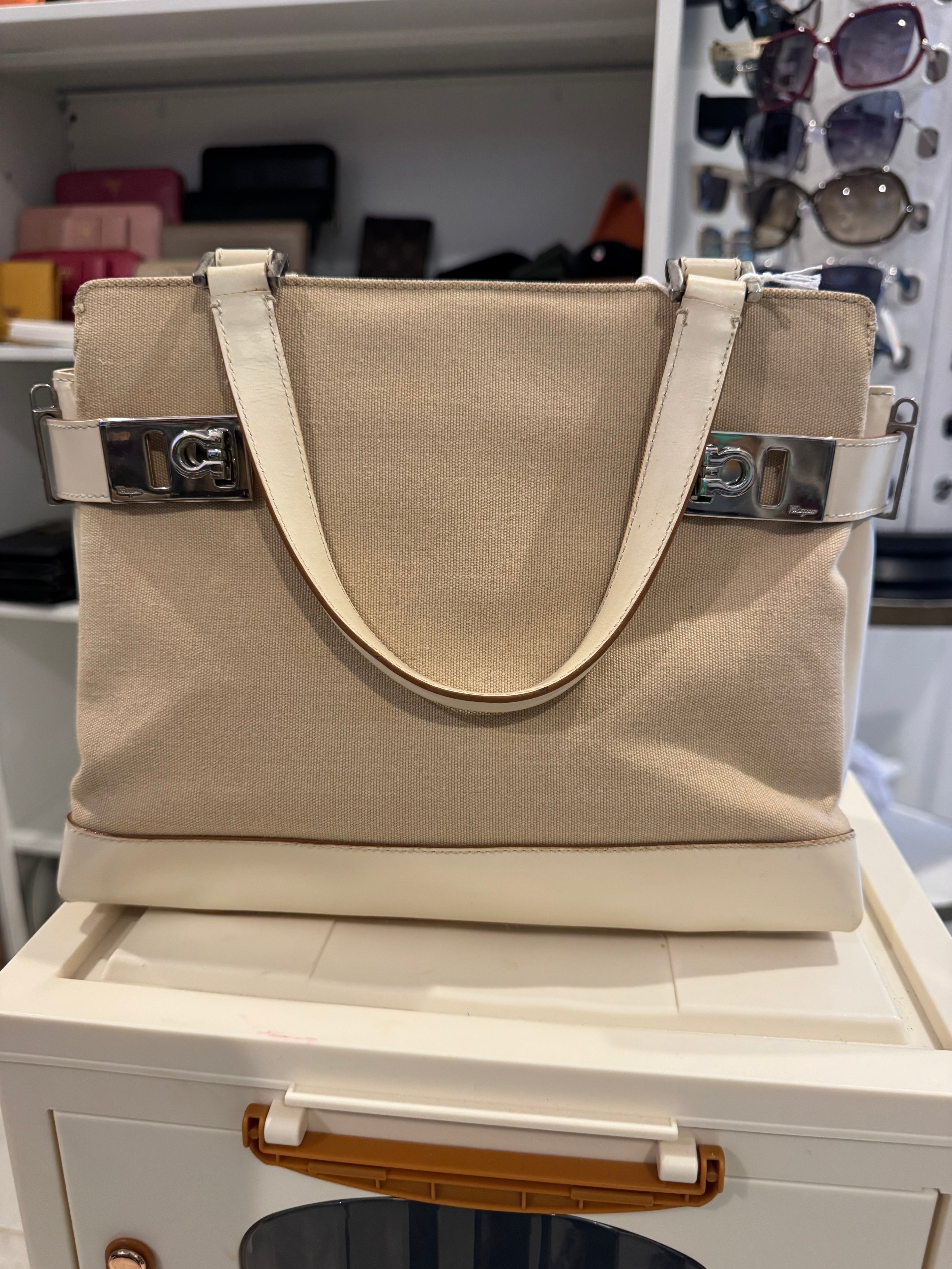 Salvatore Ferragamo Gancini Canvas & Leather Tote Bag – Beige & Cream