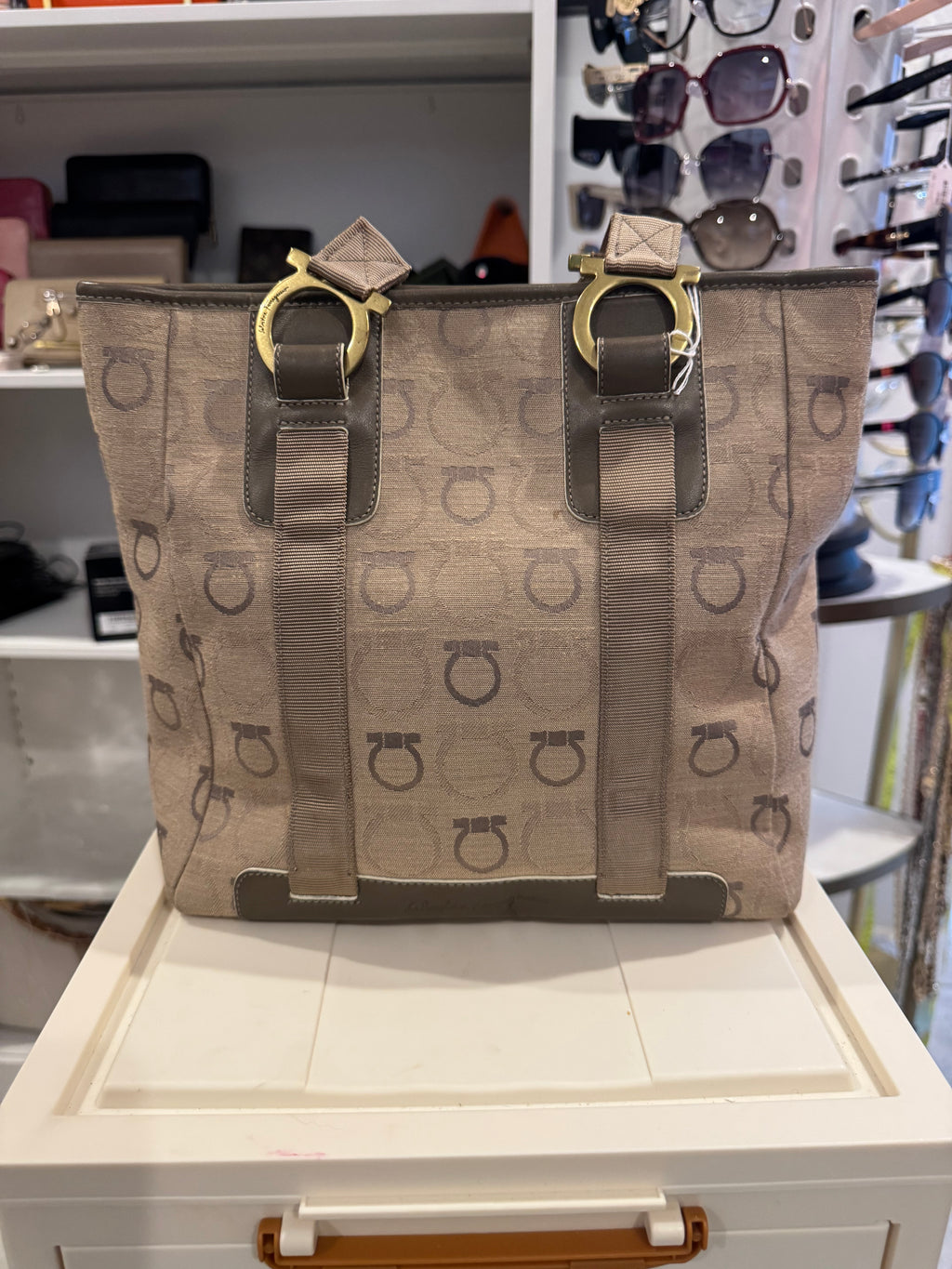 Salvatore Ferragamo Gancini Canvas Tote Bag – Beige/Brown with Leather Trim
