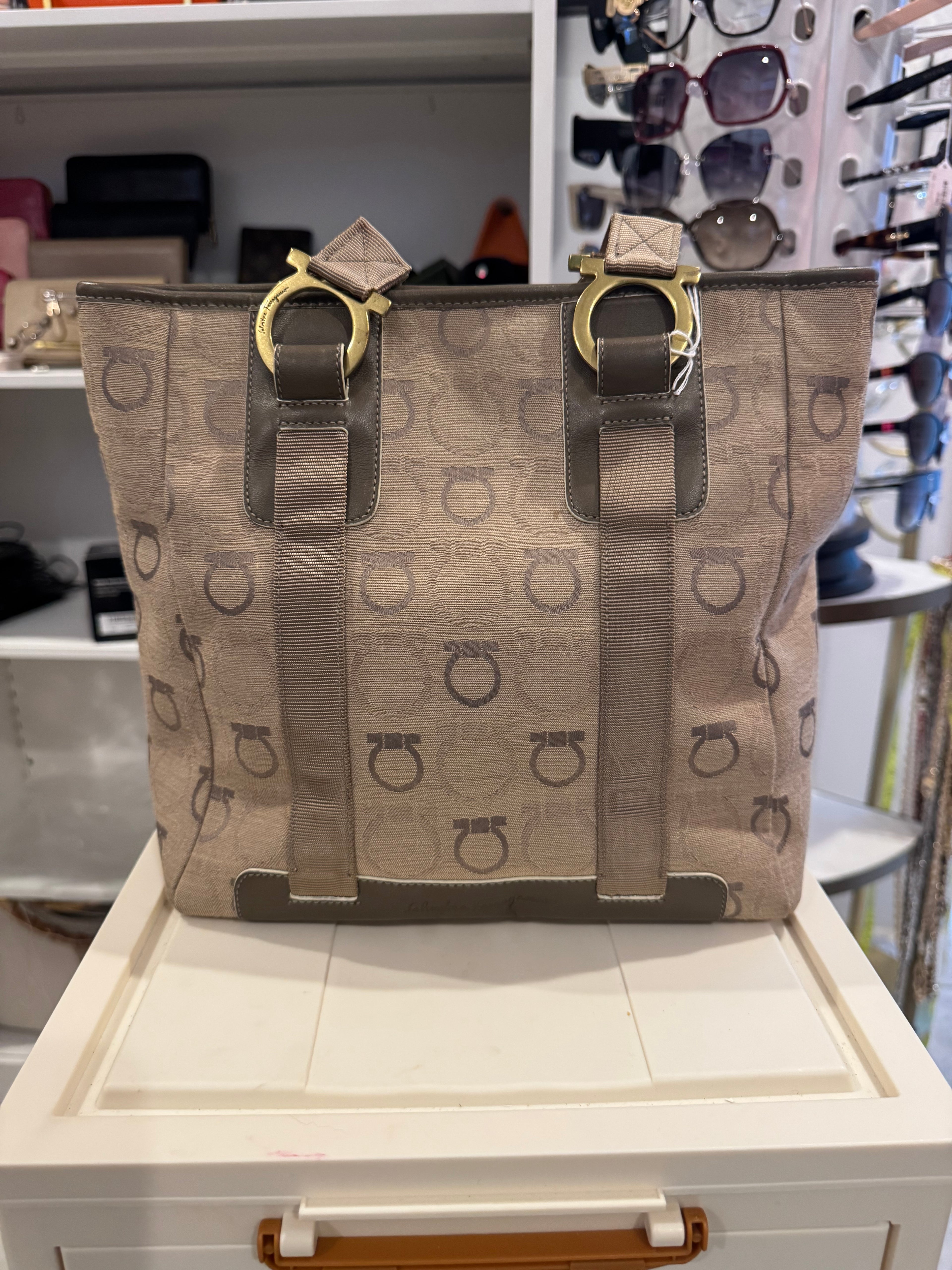 Salvatore Ferragamo Gancini Canvas Tote Bag – Beige/Brown with Leather Trim
