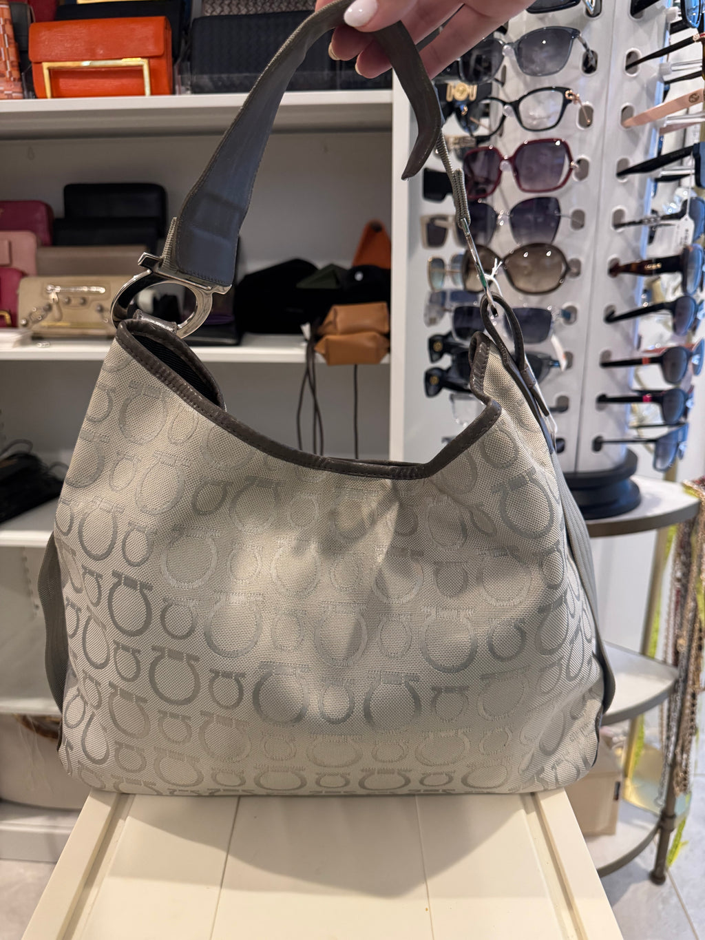 Salvatore Ferragamo Gancini-Print Canvas & Leather Shoulder Bag – Light Grey