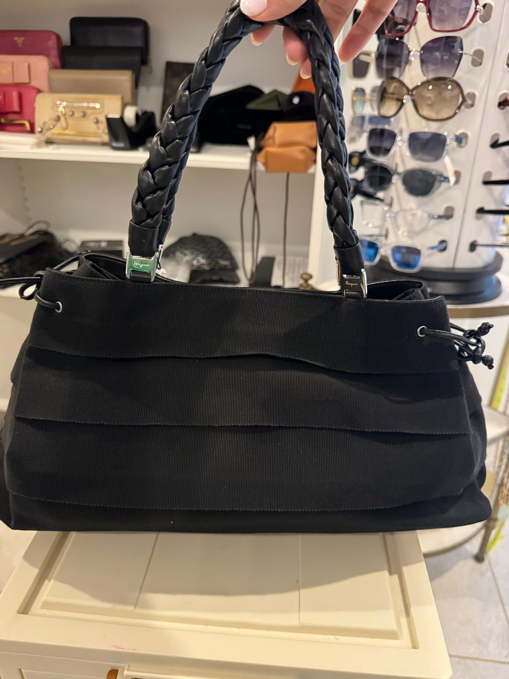 Salvatore Ferragamo Tiered Nylon Tote Bag with Braided Leather Handle – Black