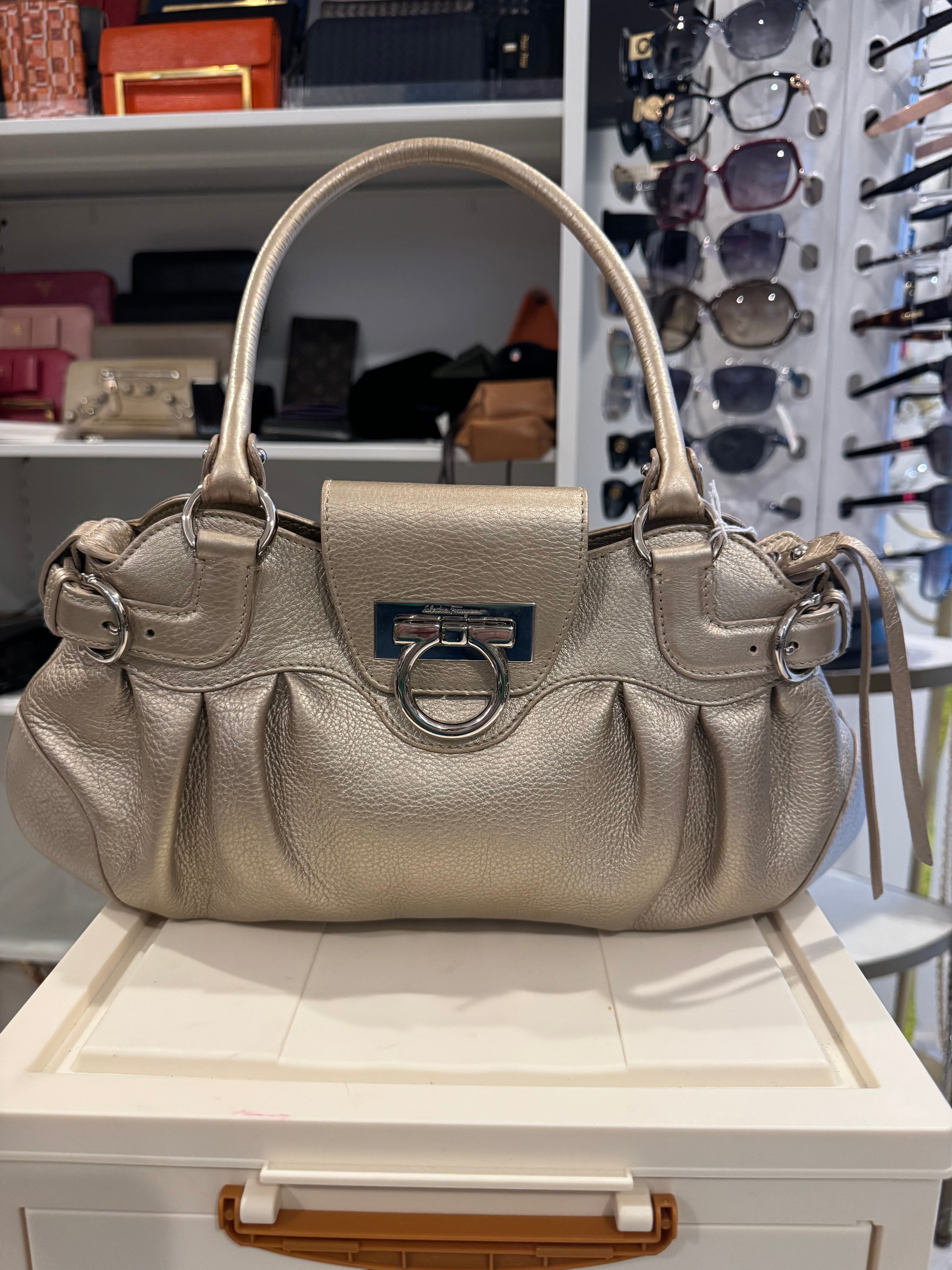 Salvatore Ferragamo Gancini Marisa Shoulder Bag – Metallic Gold Leather