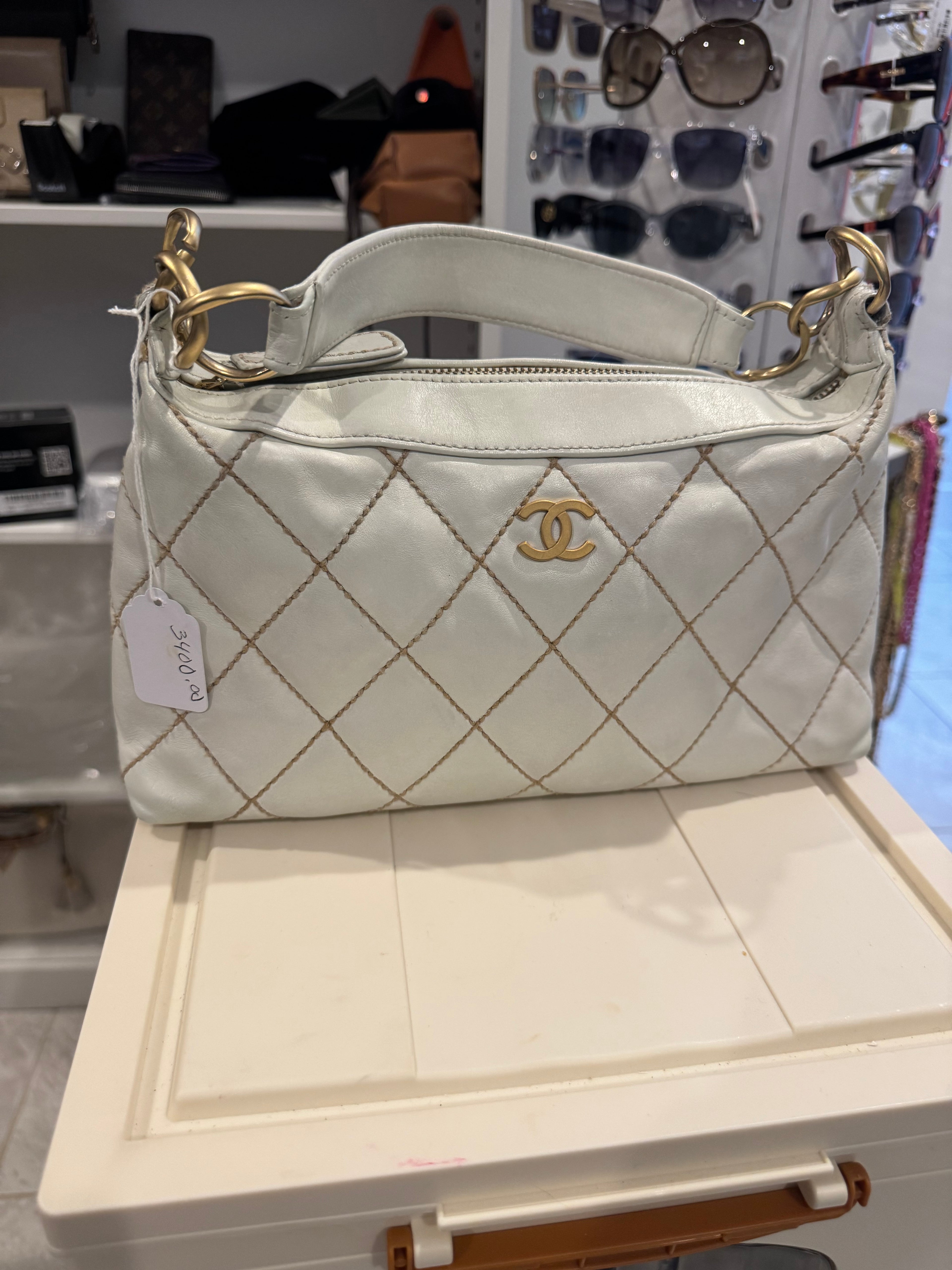 Chanel Surpique (Wild Stitch) Hobo Shoulder Bag – White Calf Leather with Gold Hardware
