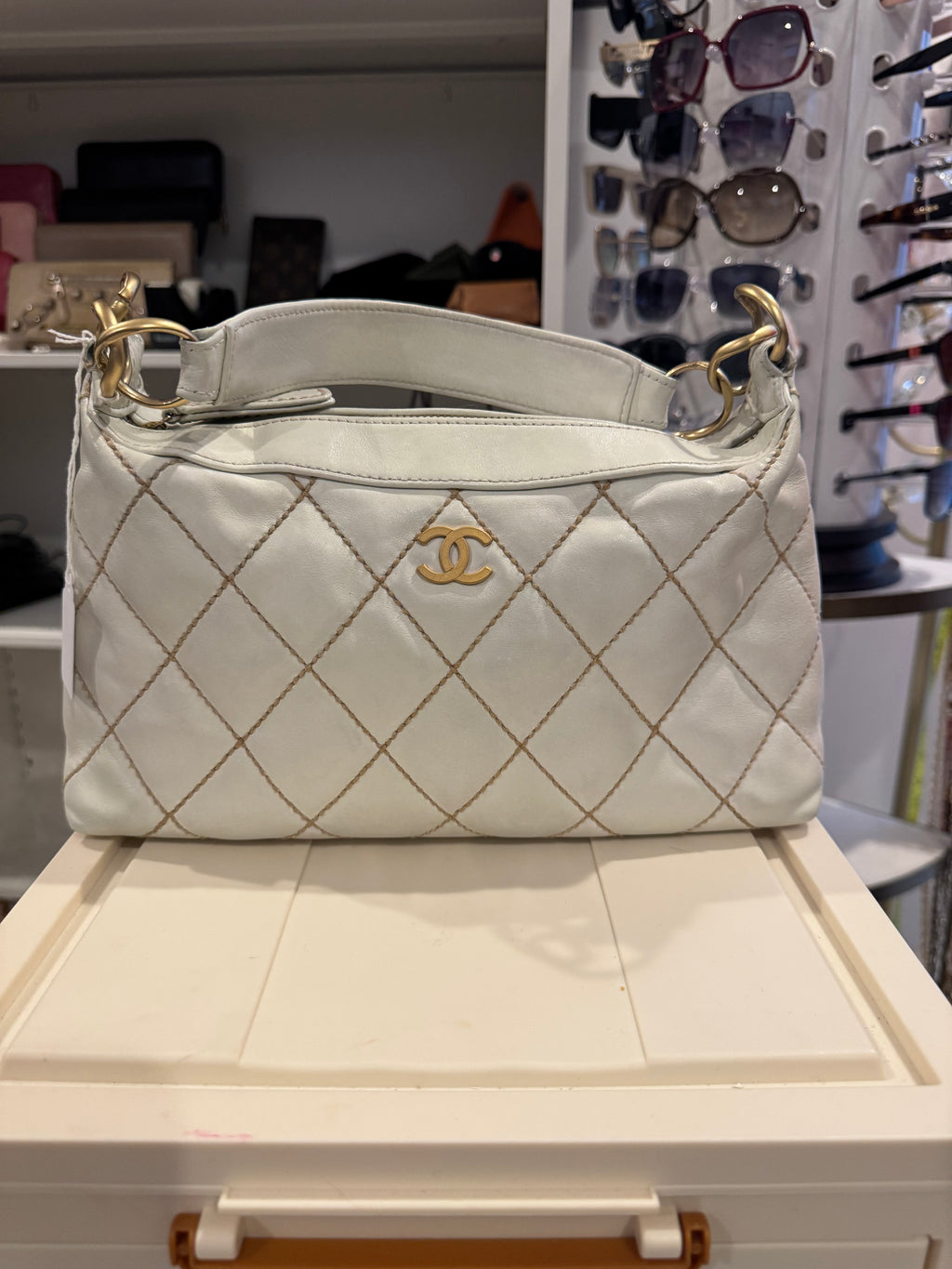 Chanel Surpique (Wild Stitch) Hobo Shoulder Bag – White Calf Leather with Gold Hardware