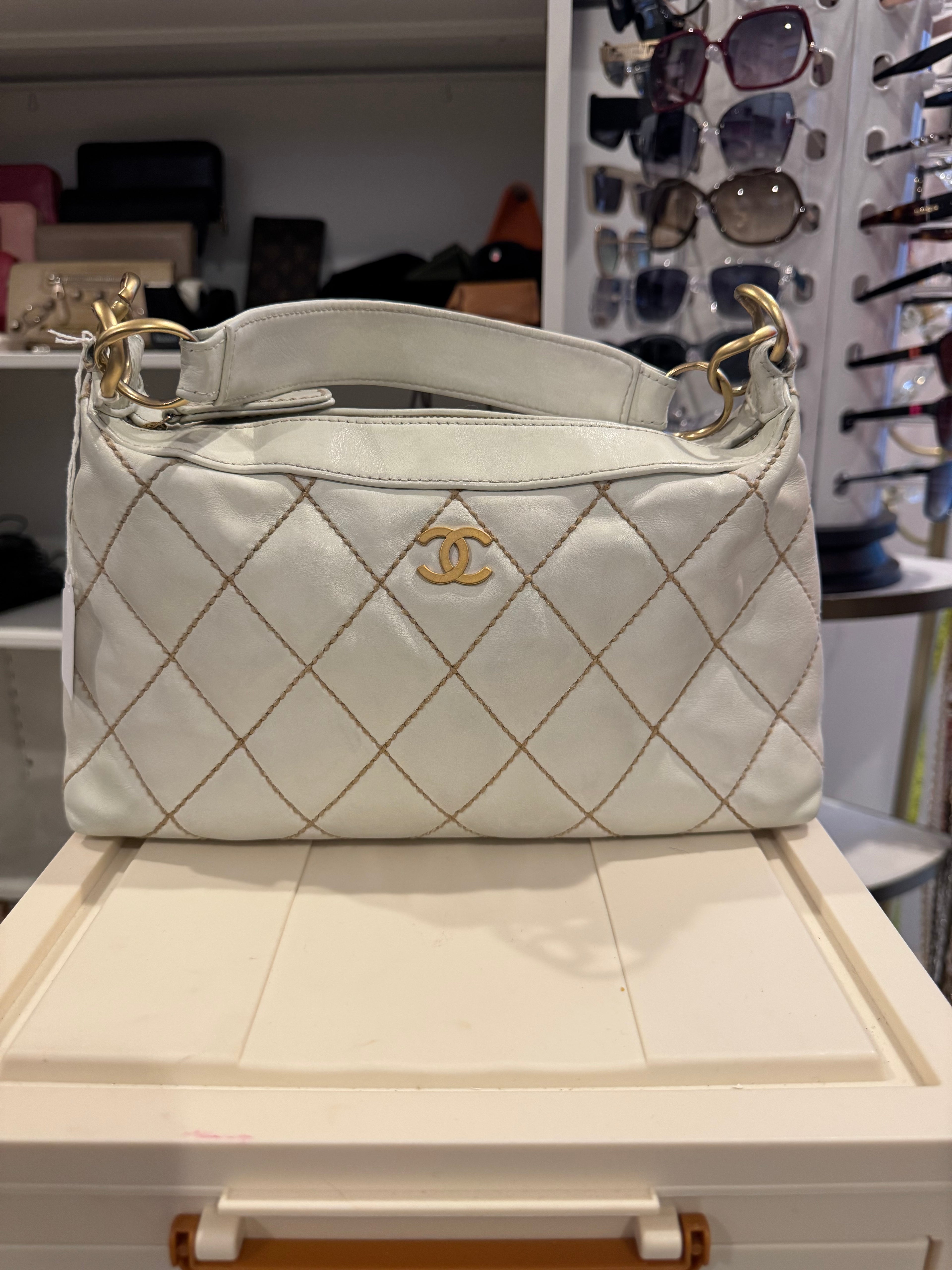 Chanel Surpique (Wild Stitch) Hobo Shoulder Bag – White Calf Leather with Gold Hardware