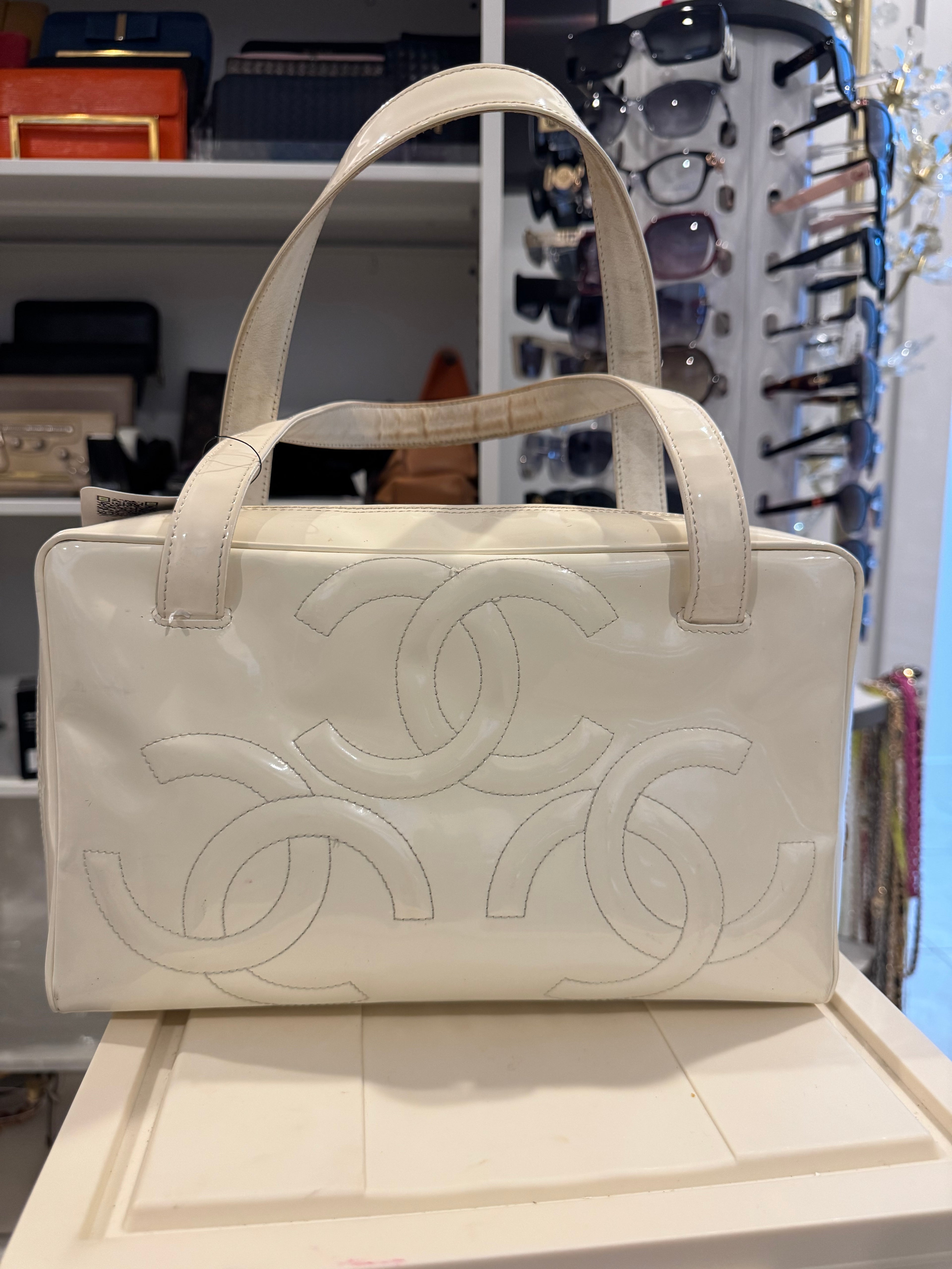 Vintage Chanel Patent Leather Triple CC Tote Bag – White