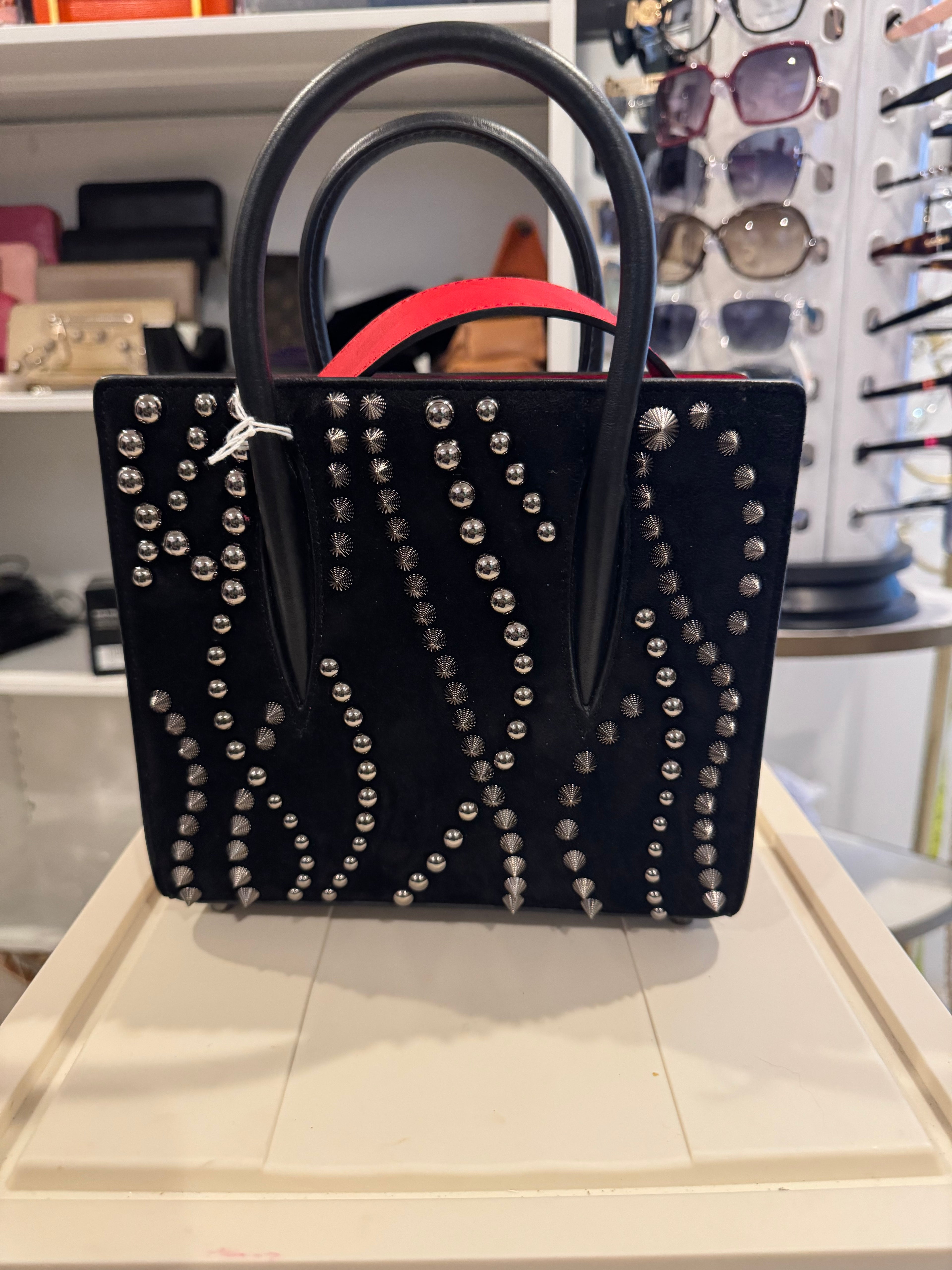 Christian Louboutin Paloma Mini Studded Tote – Black Velour & Leather