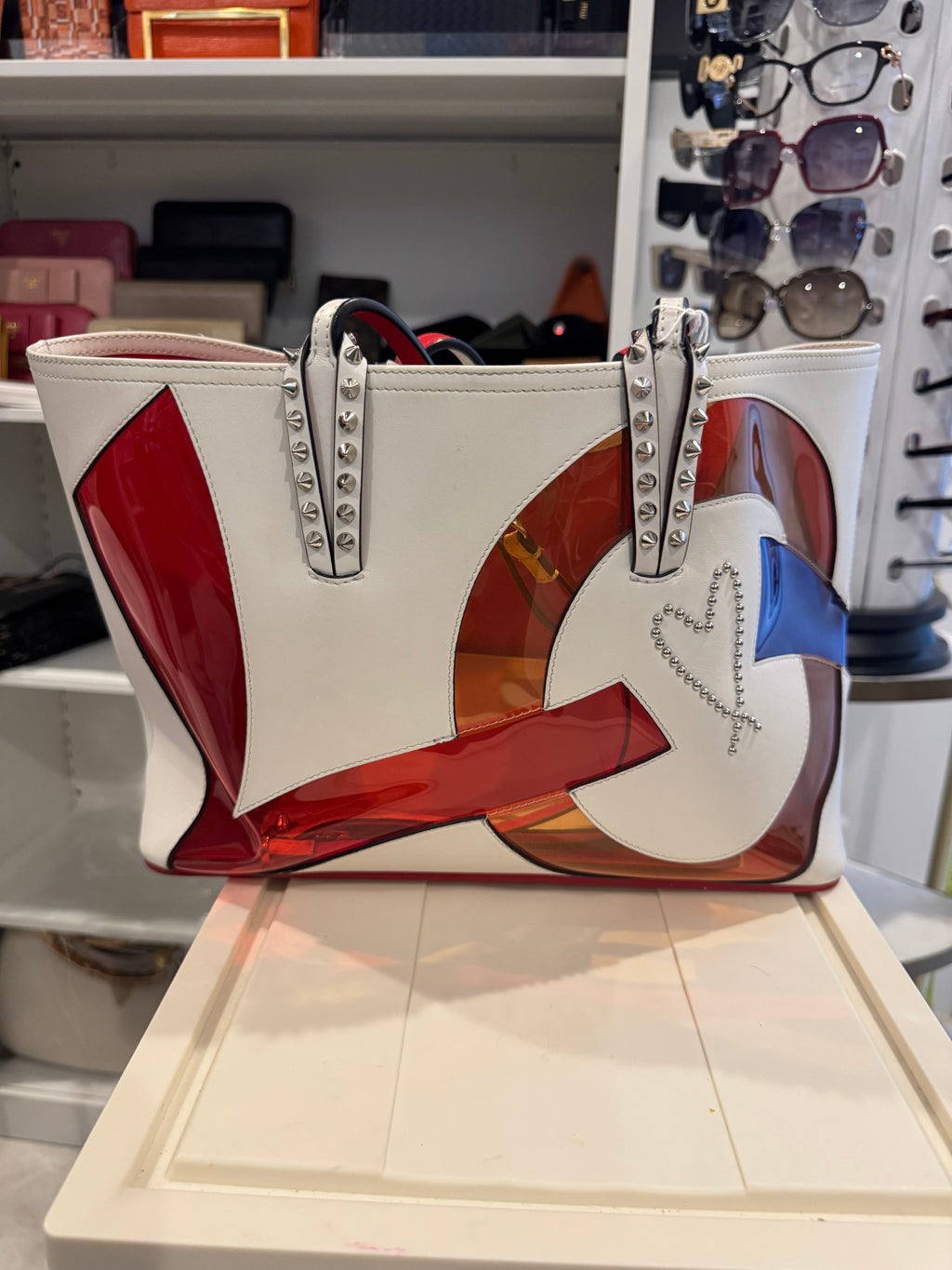 Christian Louboutin Cabata Tote Bag – White Calfskin & Vinyl “Love” Graphic